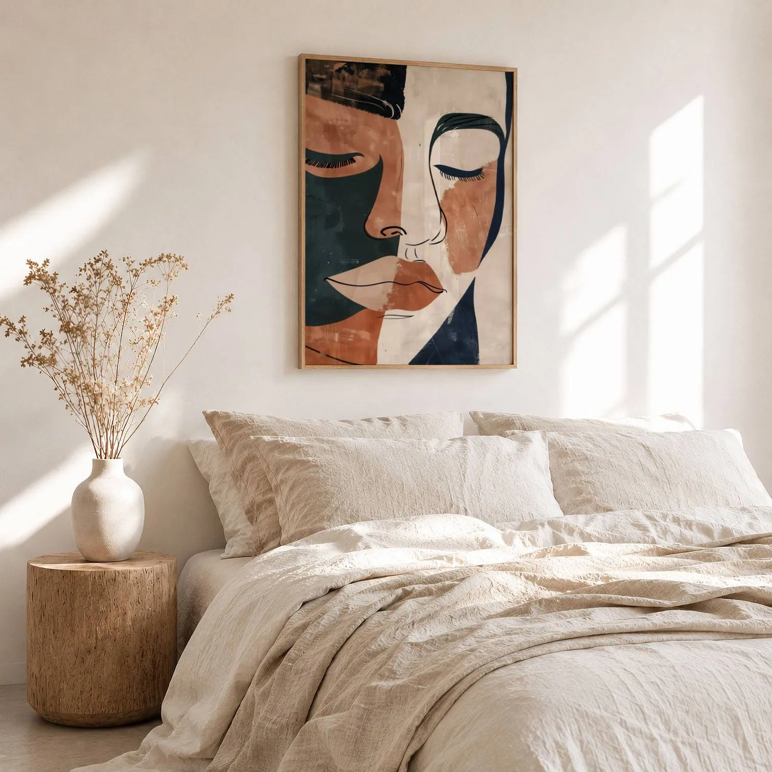 terracotta abstract face art print, above a rumpled linen bed beside a stump side table