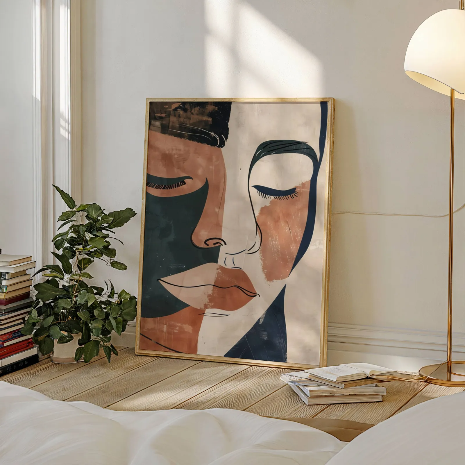 terracotta abstract face art print, leaning against a sunlit wall beside a stacked bookshelf and fiddle-leaf plant