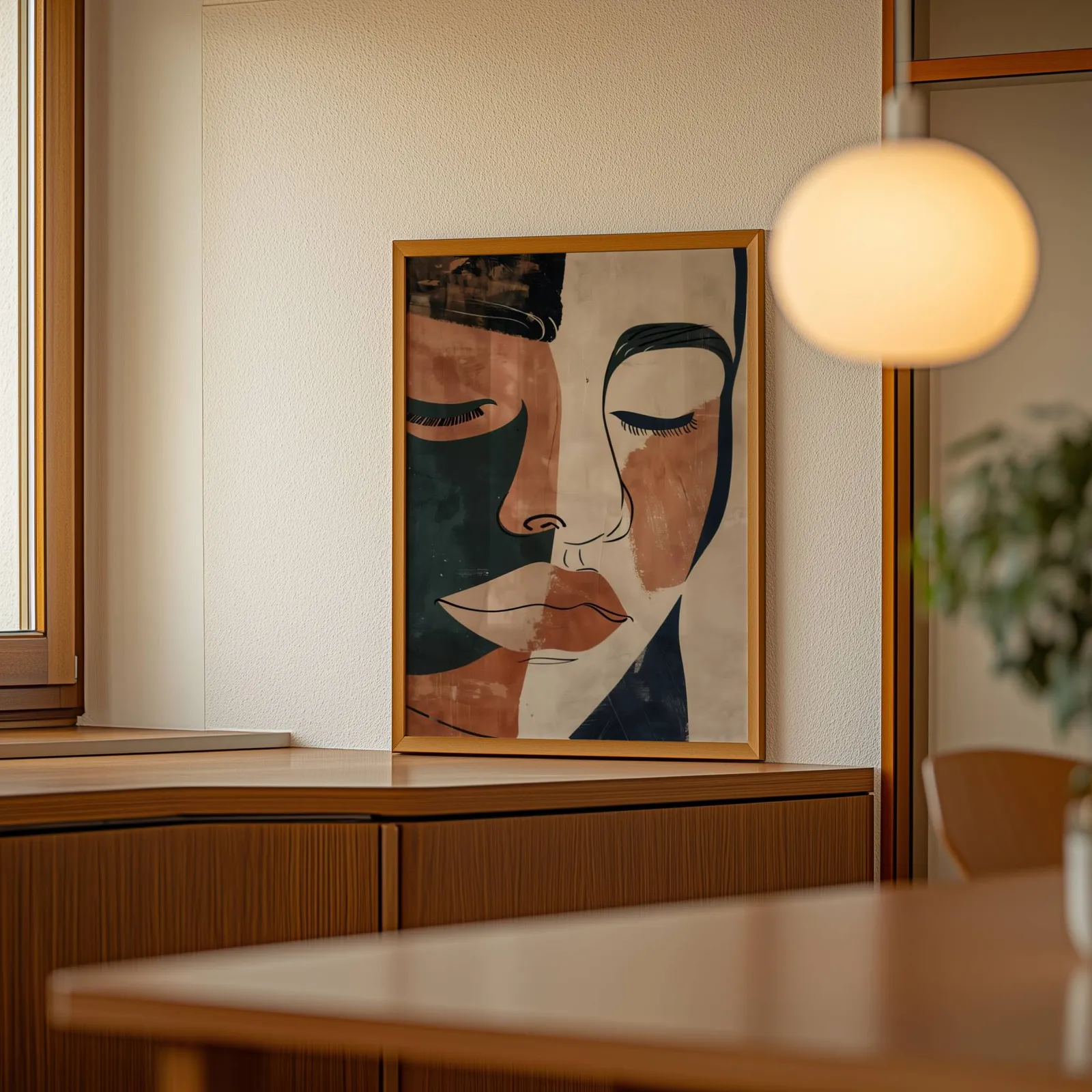 terracotta abstract face art print, leaning on a wooden sideboard beside a glowing globe pendant