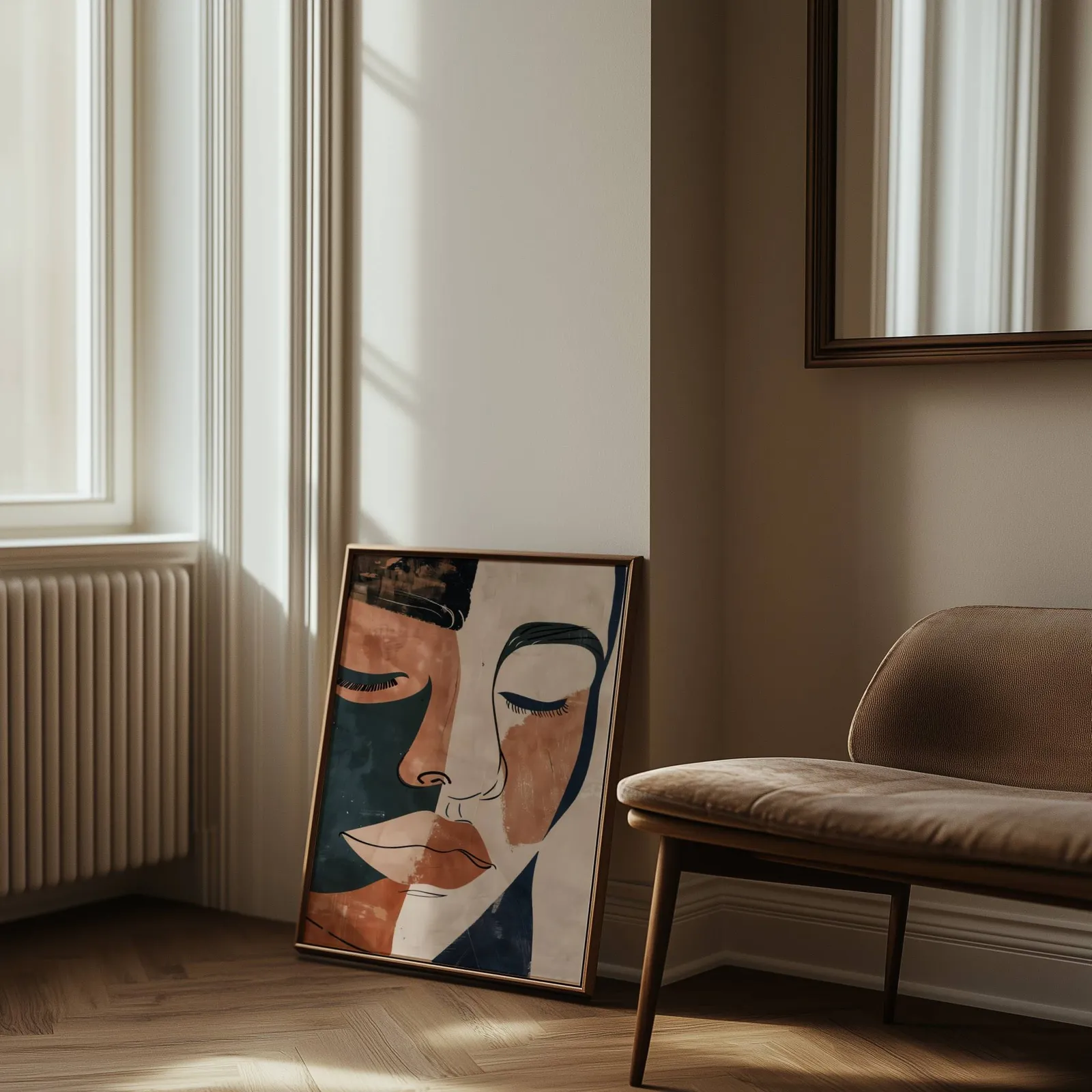 terracotta abstract face art print, leaning against the wall beside a sunlit radiator and herringbone floor