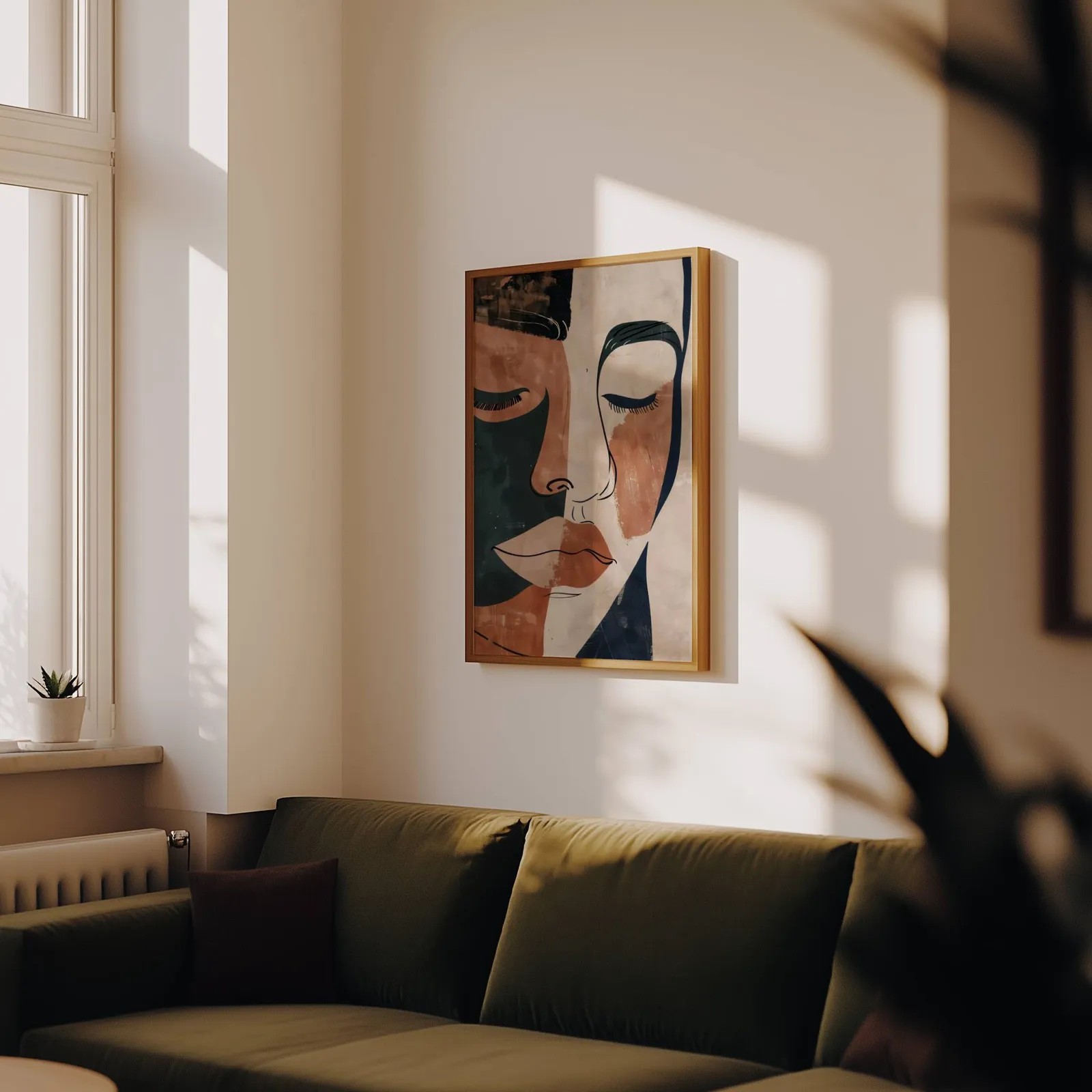 terracotta abstract face art print, above an olive velvet sofa in raking afternoon light