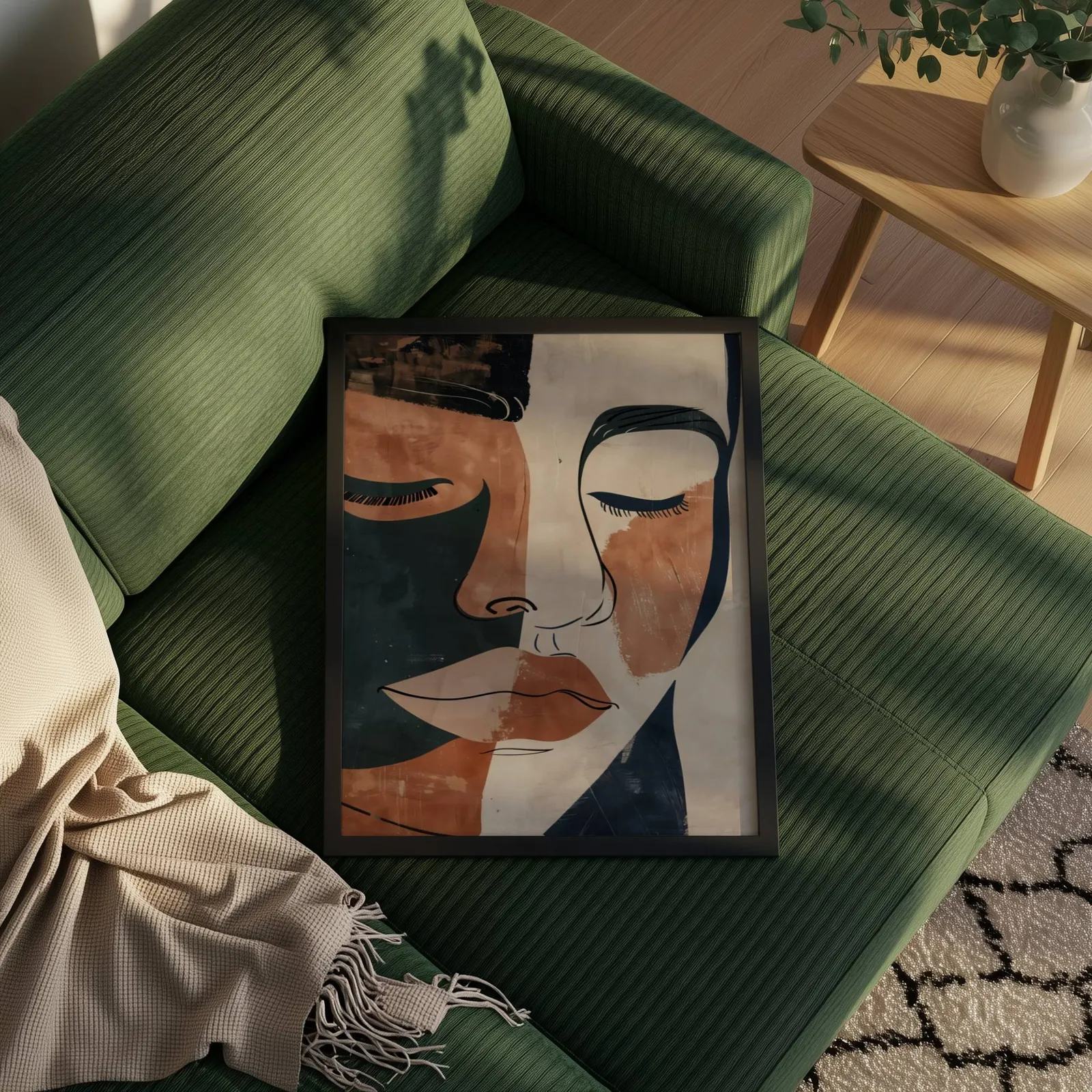 terracotta abstract face art print, propped on a ribbed olive-green sofa beside a fringed throw