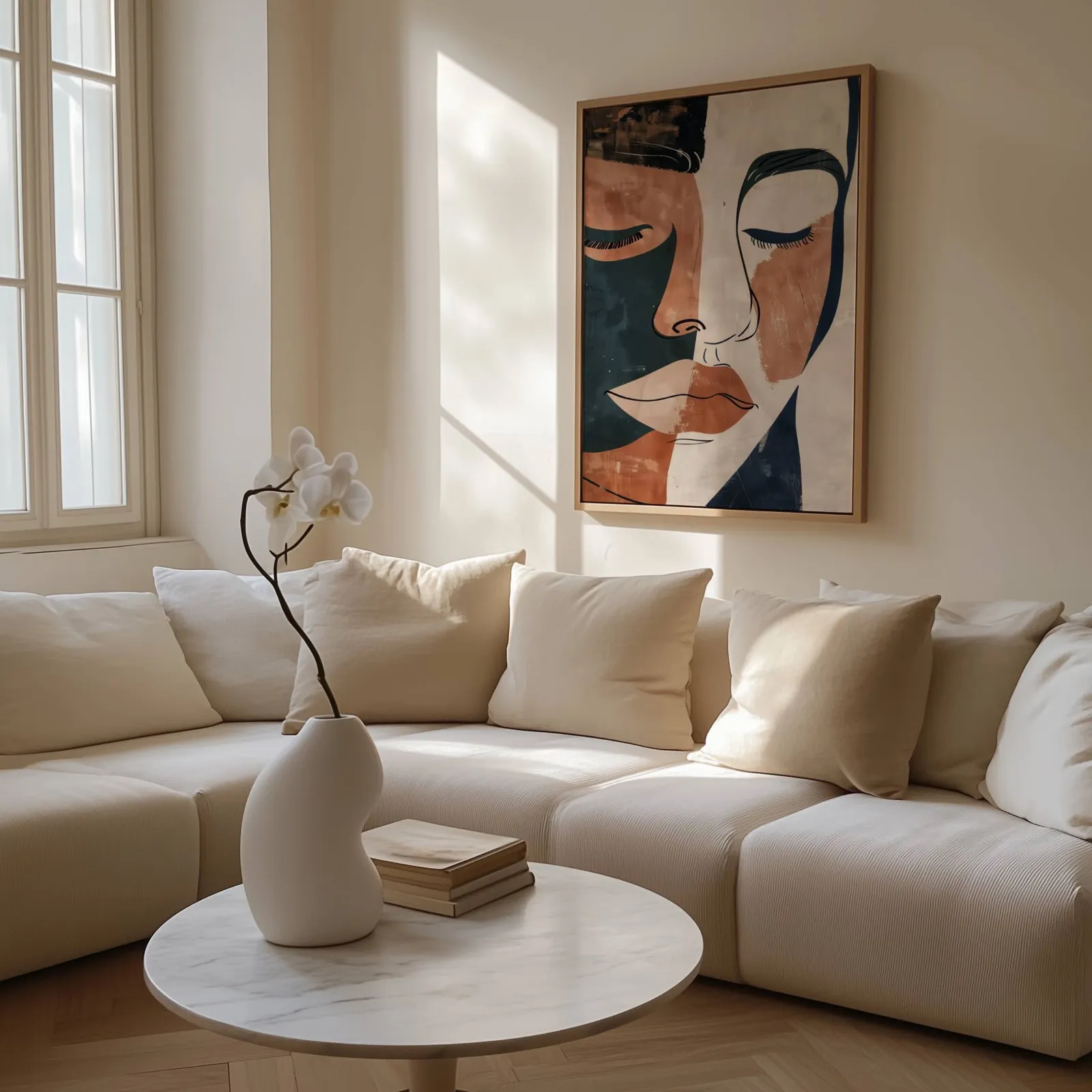 terracotta abstract face art print, above a cream sectional beside a tall sunlit window