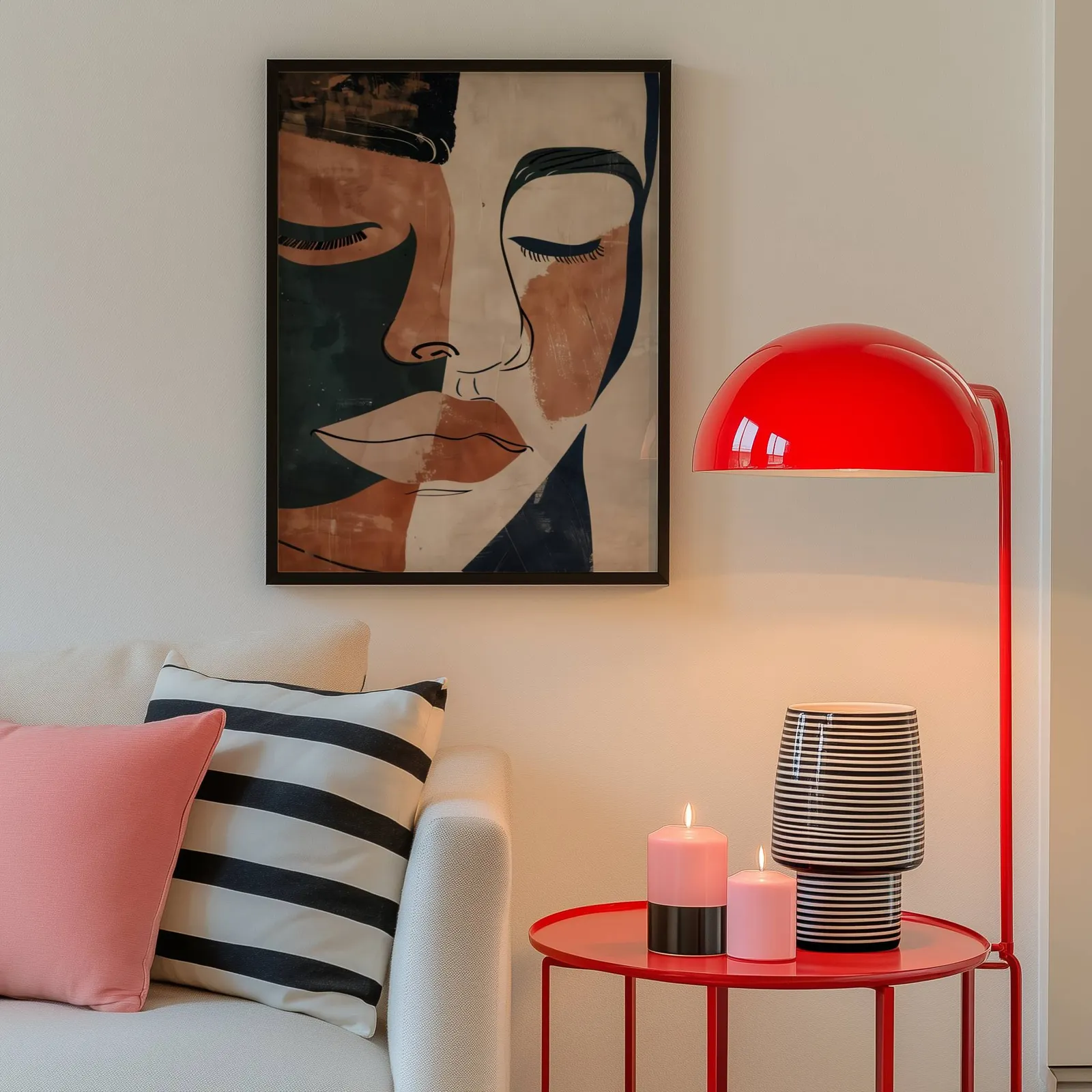 terracotta abstract face art print, above a cream sofa beside a glossy red dome lamp
