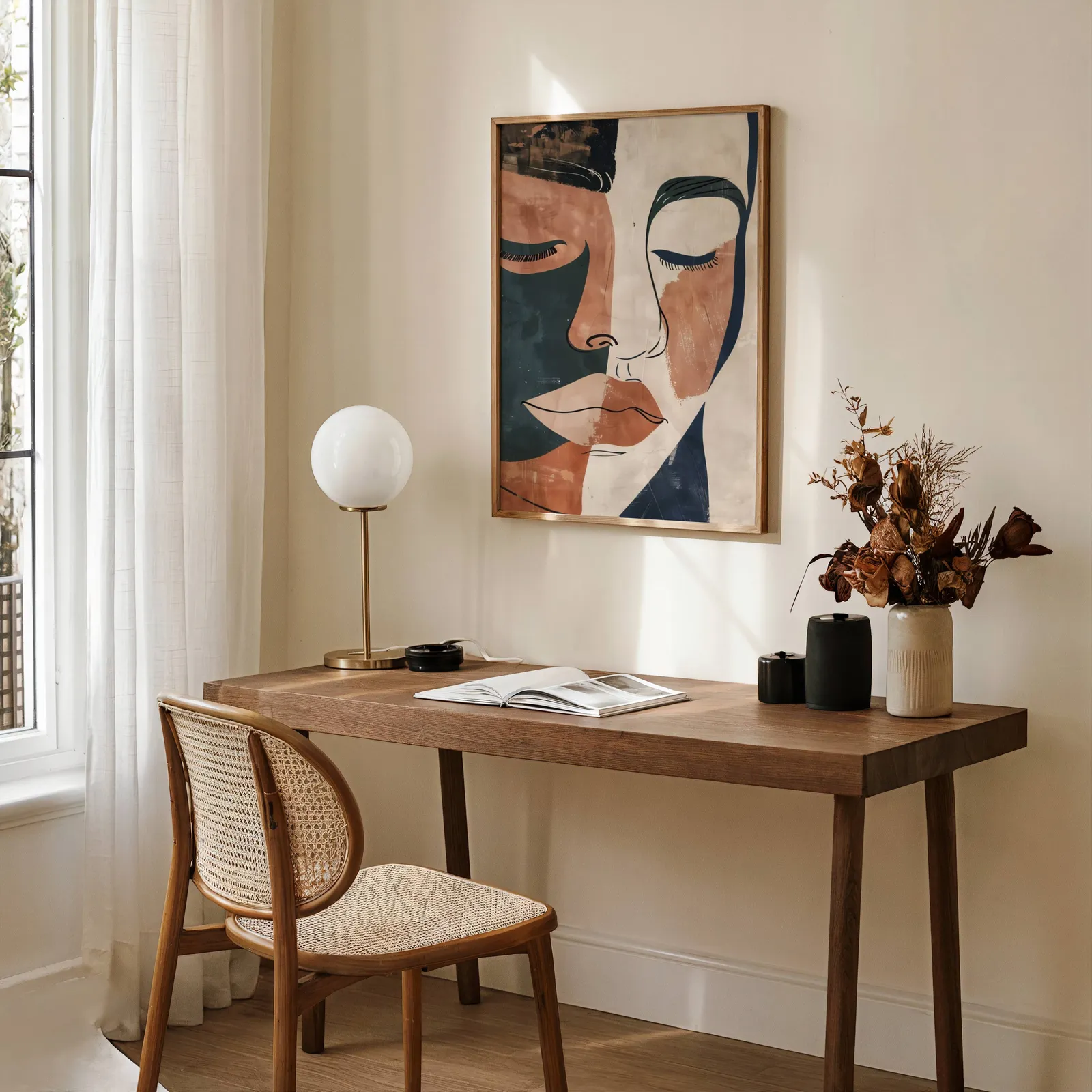 terracotta abstract face art print, above a wooden desk with a globe lamp and dried flowers