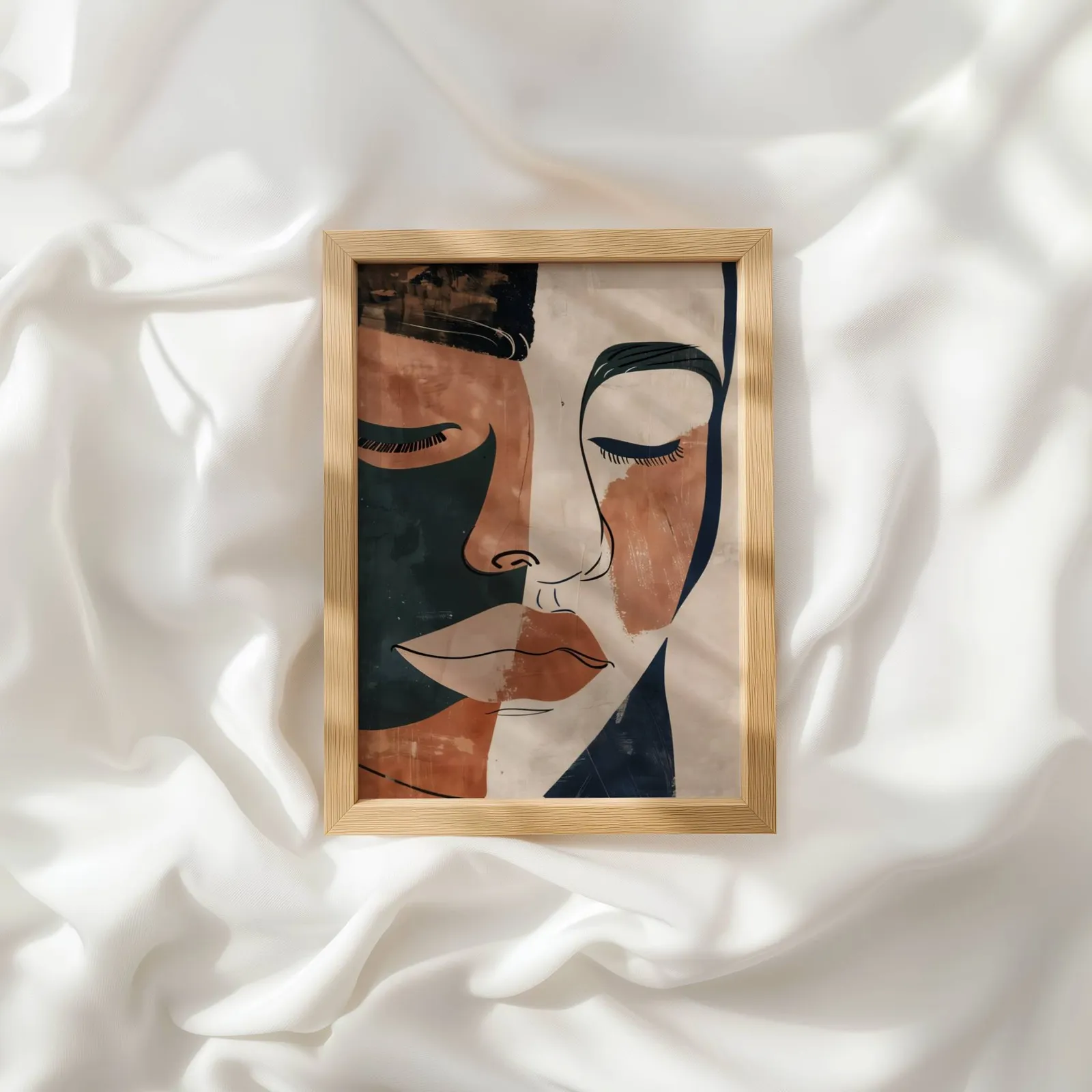 terracotta abstract face art print, resting atop rumpled white silky fabric