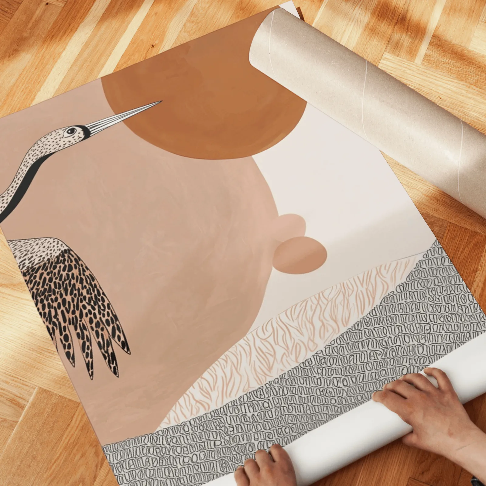 terracotta crane wall art set of two abstract landscape prints, unrolled across a herringbone parquet floor by hand