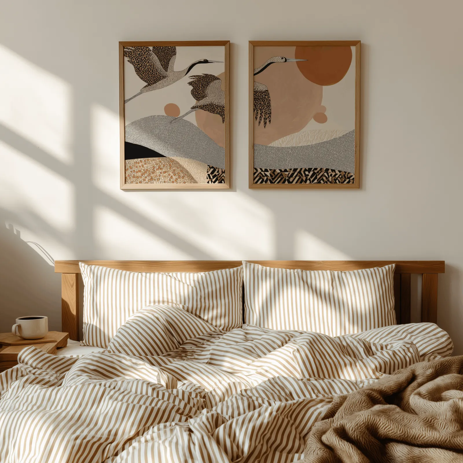 terracotta crane wall art set of two abstract landscape prints, above a wooden headboard with striped bedding and raking sunlight