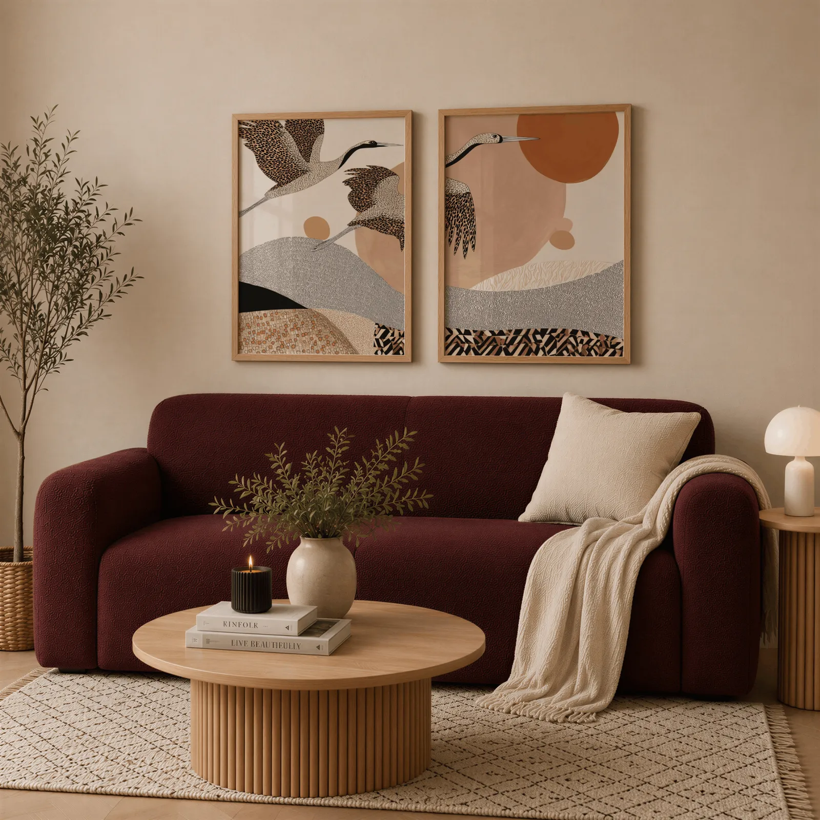 terracotta crane wall art set of two abstract landscape prints, above a deep burgundy boucle sofa with cream throw