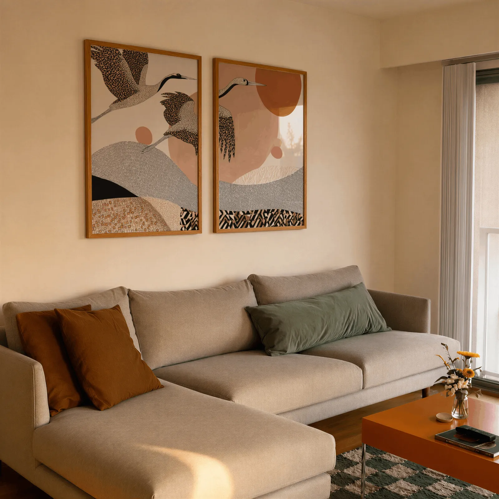 terracotta crane wall art set of two abstract landscape prints, side by side above a beige sectional sofa