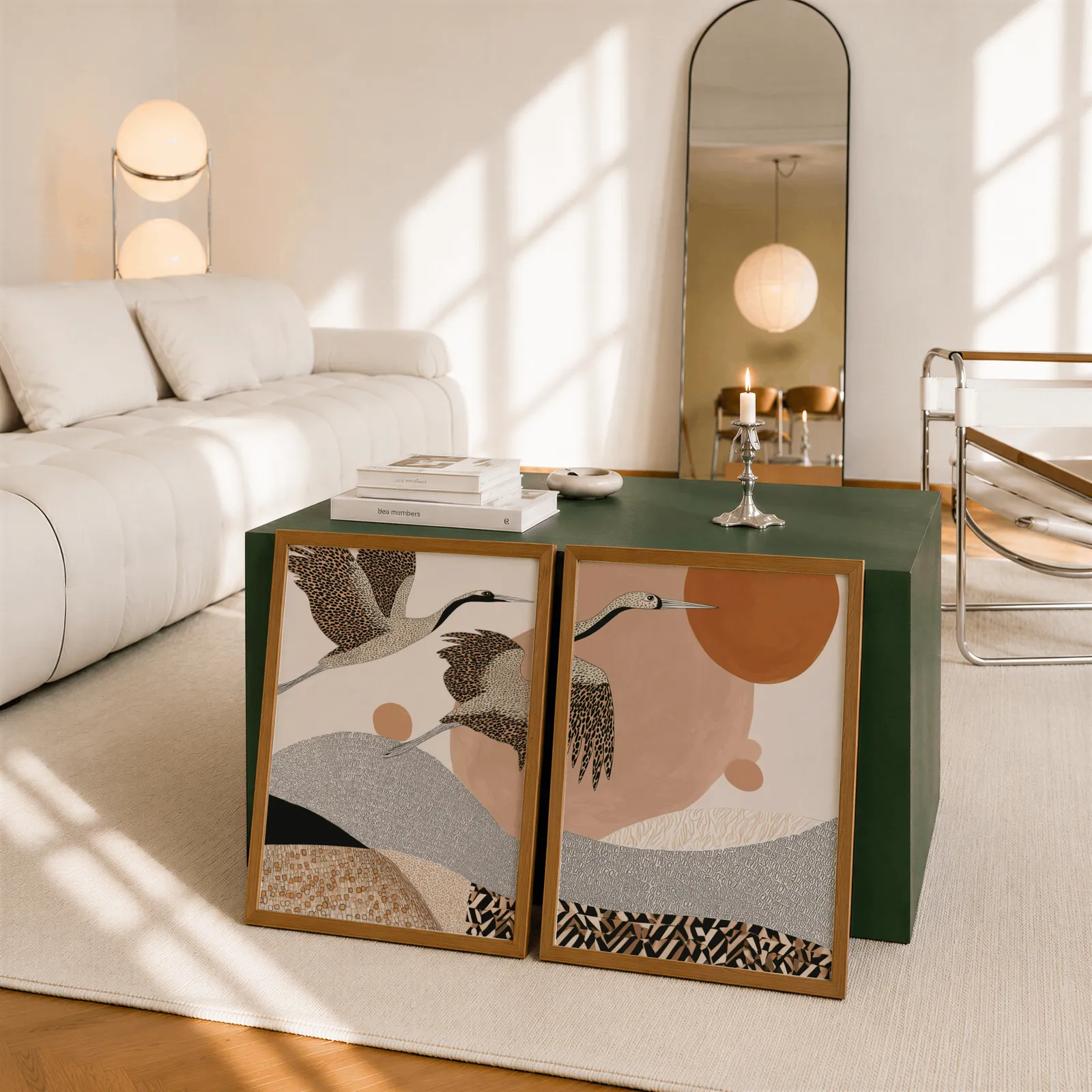 terracotta crane wall art set of two abstract landscape prints, leaning against a dark green cube table beside an arched mirror