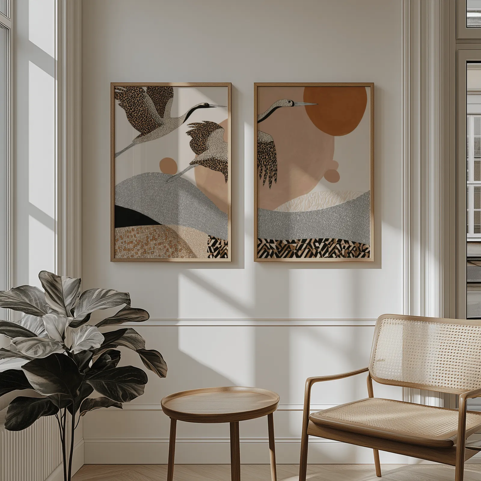terracotta crane wall art set of two abstract landscape prints, above wainscoting beside a cane armchair and fiddle-leaf fig