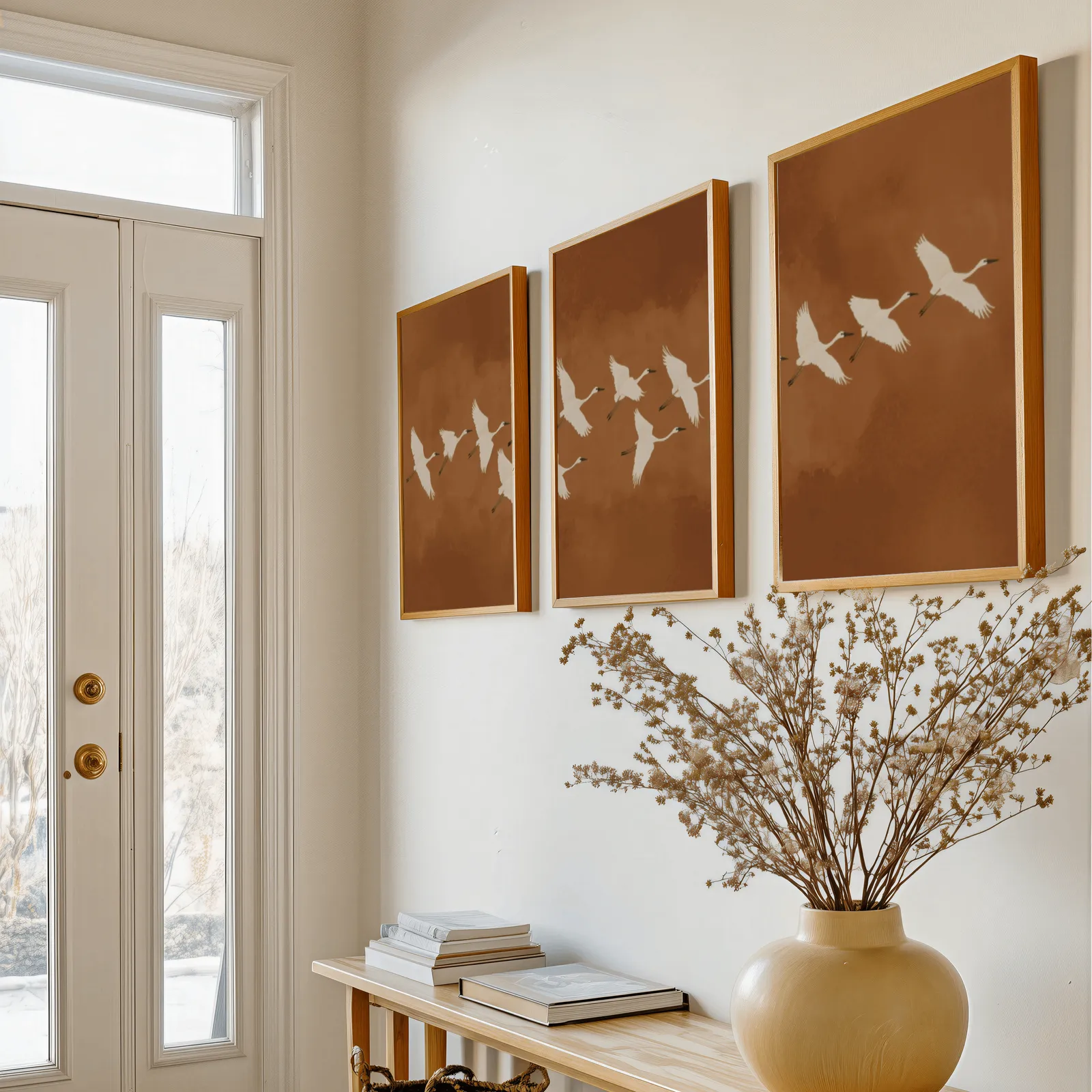 terracotta crane triptych wall art, above a console table with a yellow vase of dried branches