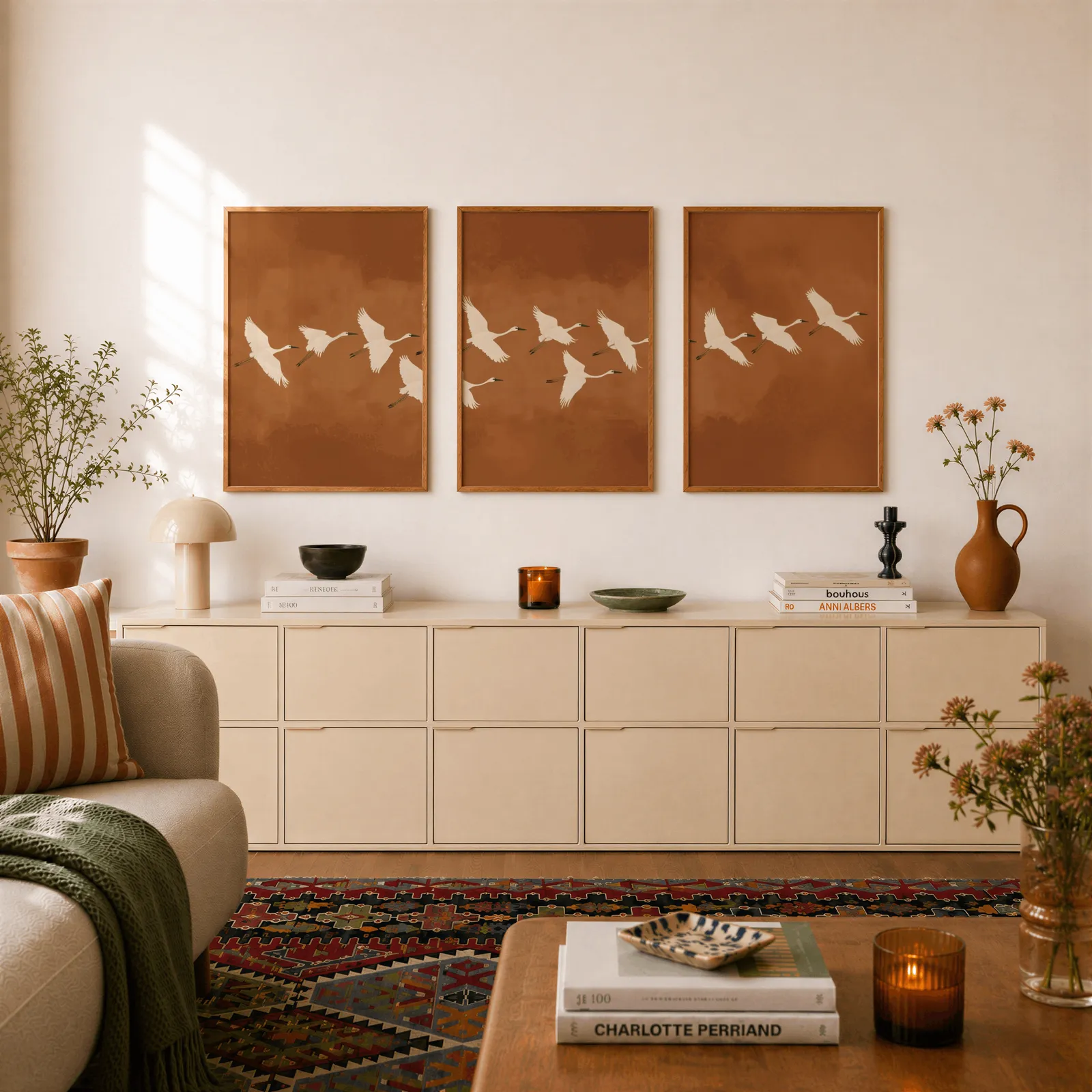 terracotta crane triptych wall art, above a long cream sideboard topped with books and a terracotta jug