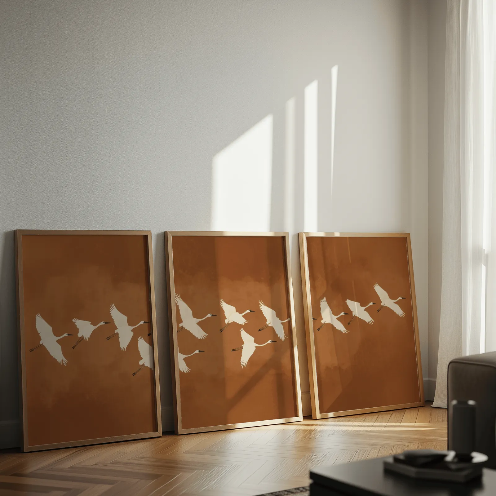 terracotta crane triptych wall art, leaning against a sunlit wall on herringbone flooring
