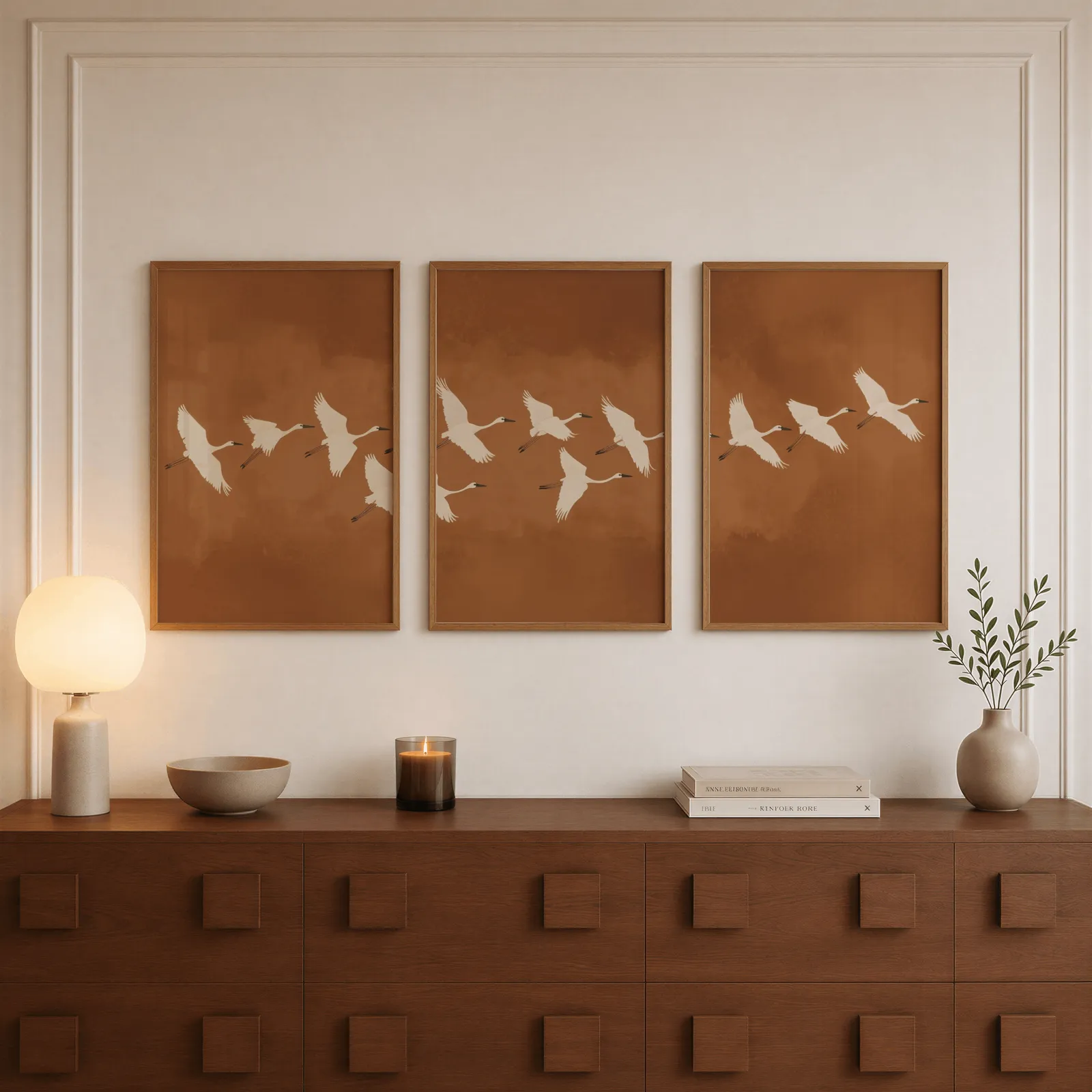 terracotta crane triptych wall art, above a walnut sideboard with a lit candle and glowing lamp