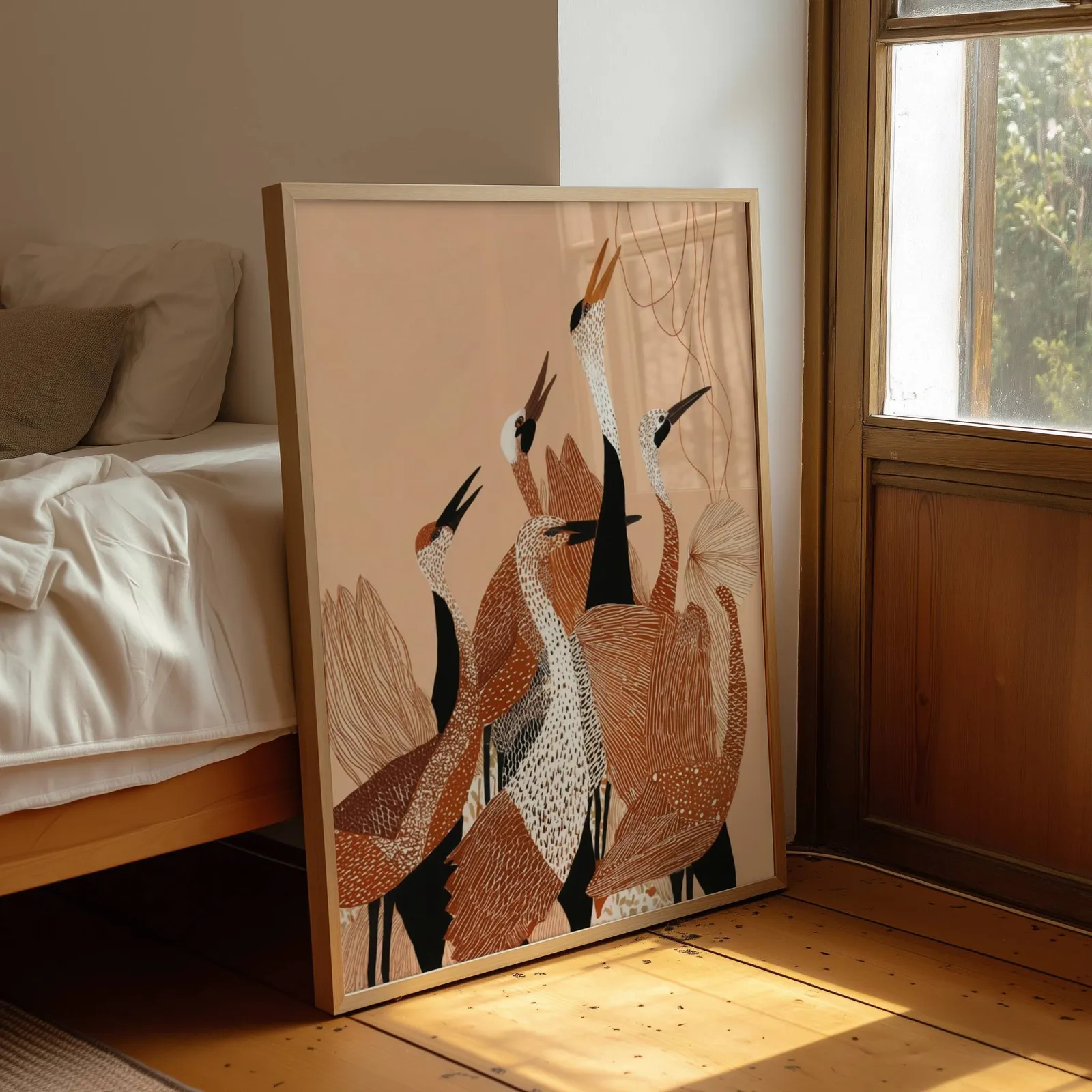terracotta crane wall art, leaning by a sunlit window beside an unmade bed
