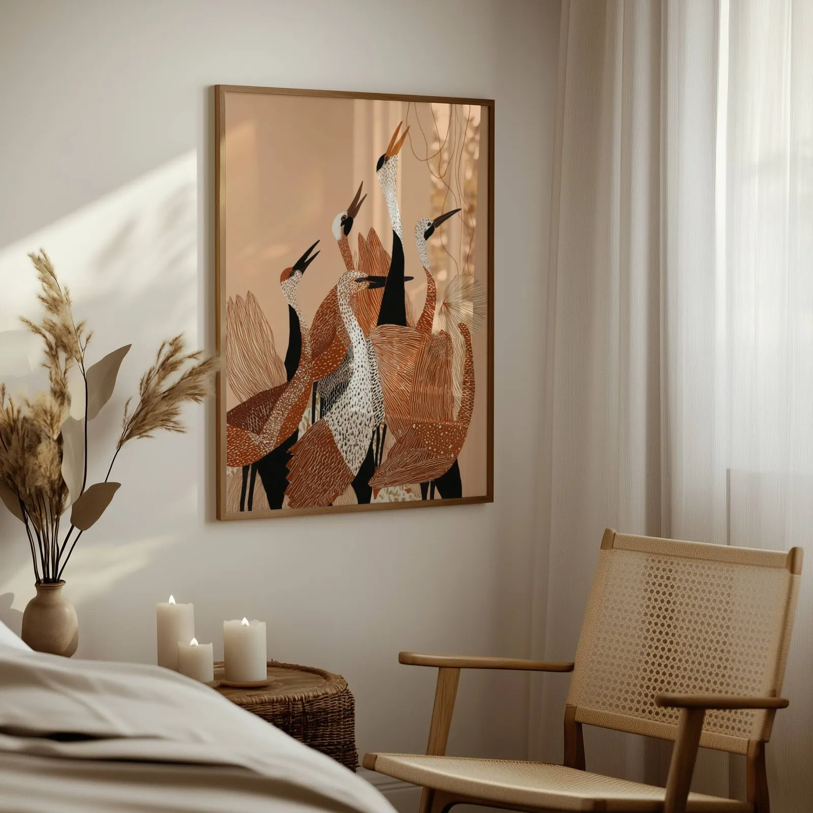terracotta crane wall art, above a woven side table with lit candles and pampas grass