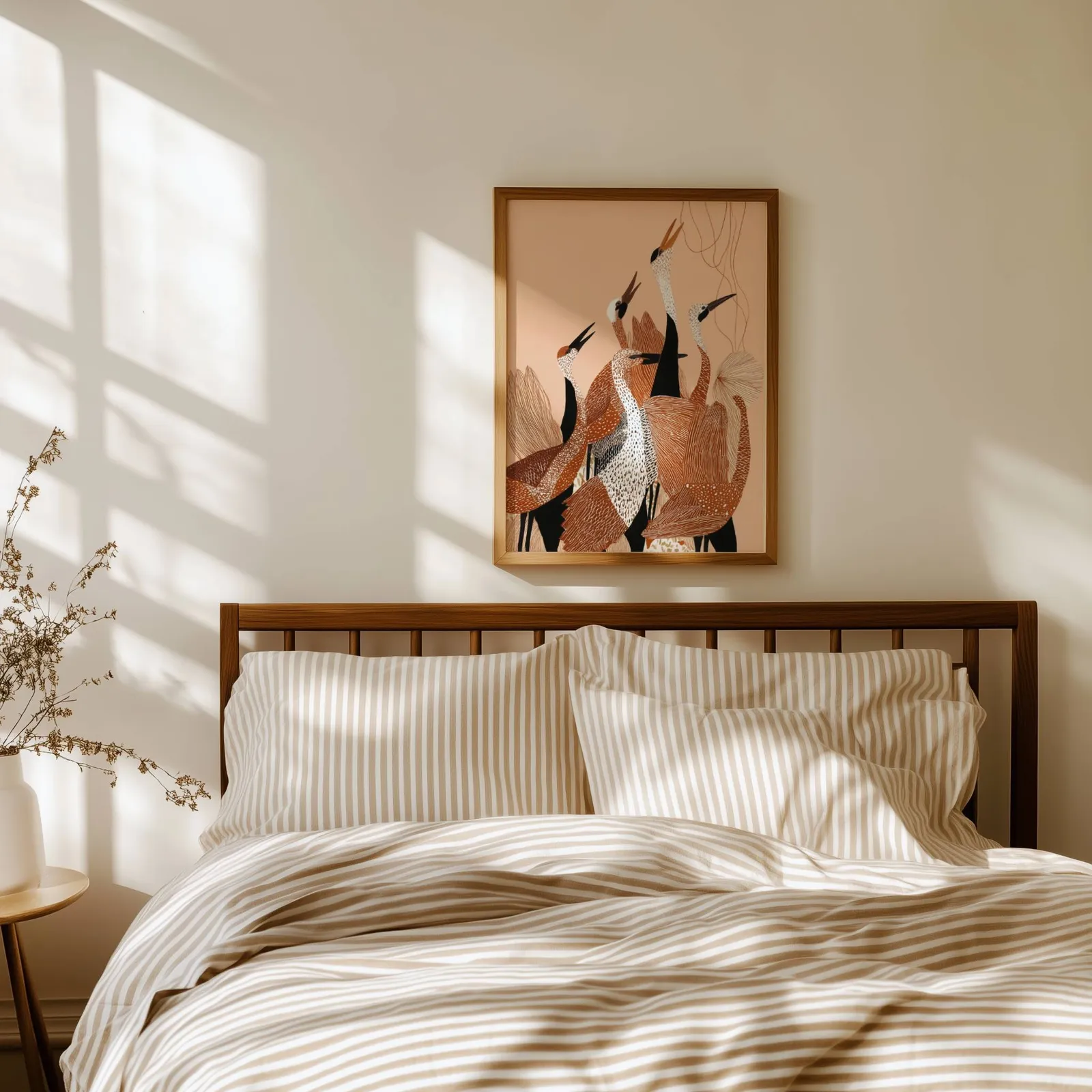 terracotta crane wall art, above a spindle headboard with striped linen bedding