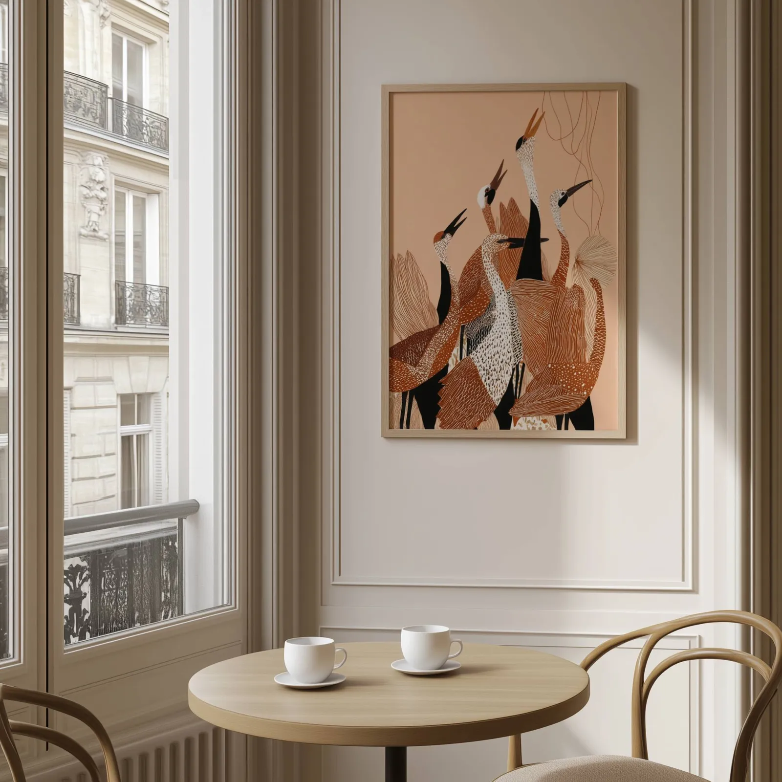 terracotta crane wall art, above a round café table set with two coffee cups