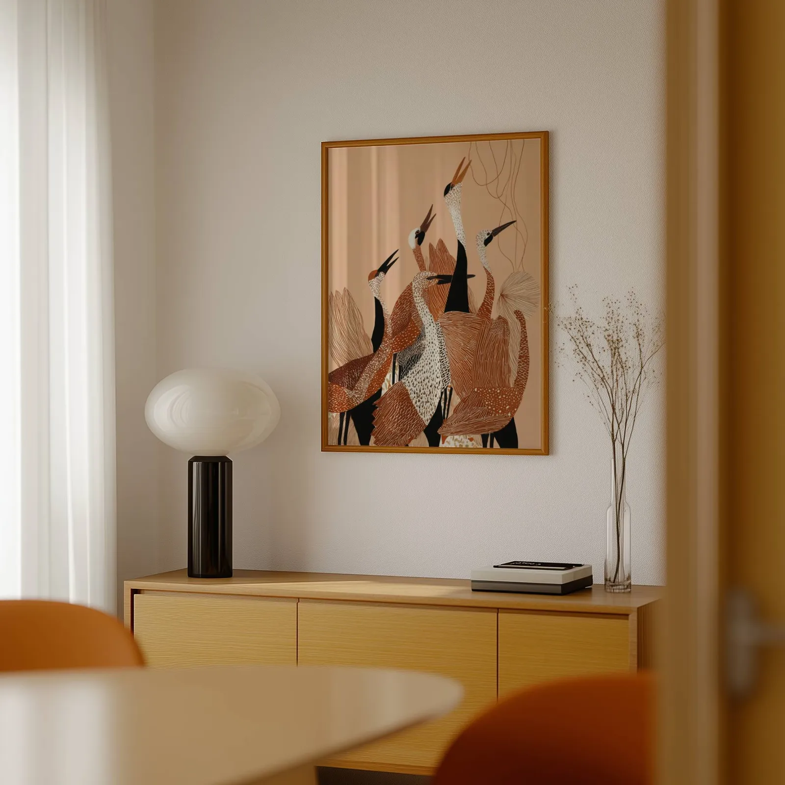 terracotta crane wall art, above a light wood sideboard beside a bulbous black lamp