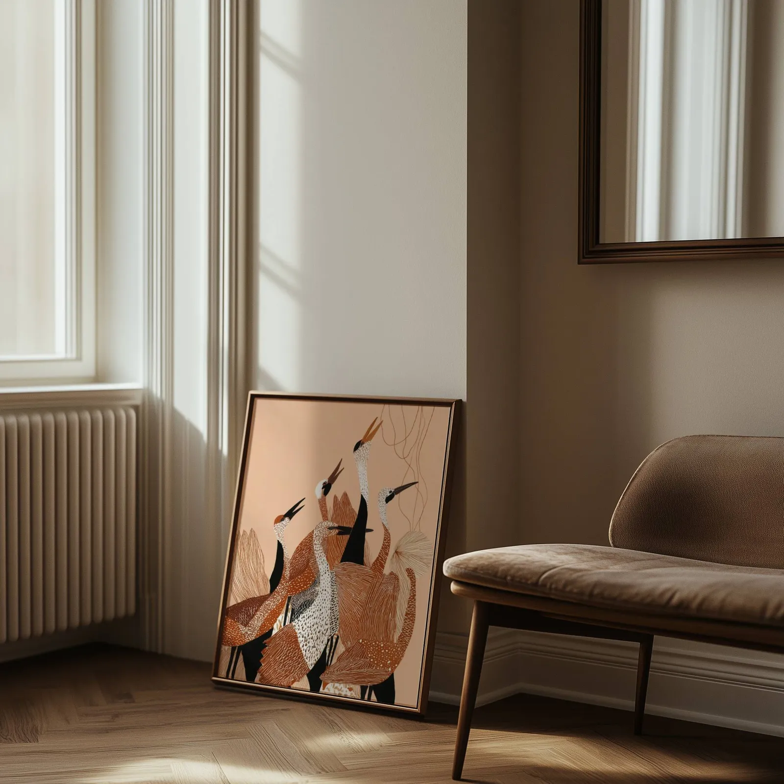 terracotta crane wall art, leaning against the wall beside a sunlit radiator and herringbone floor