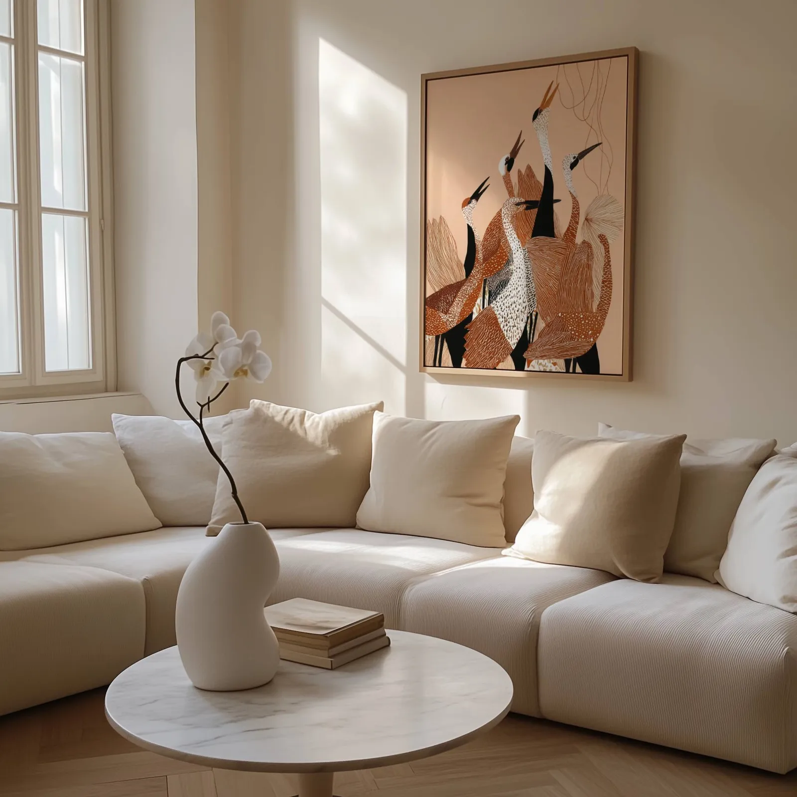 terracotta crane wall art, above a cream sectional beside a tall sunlit window