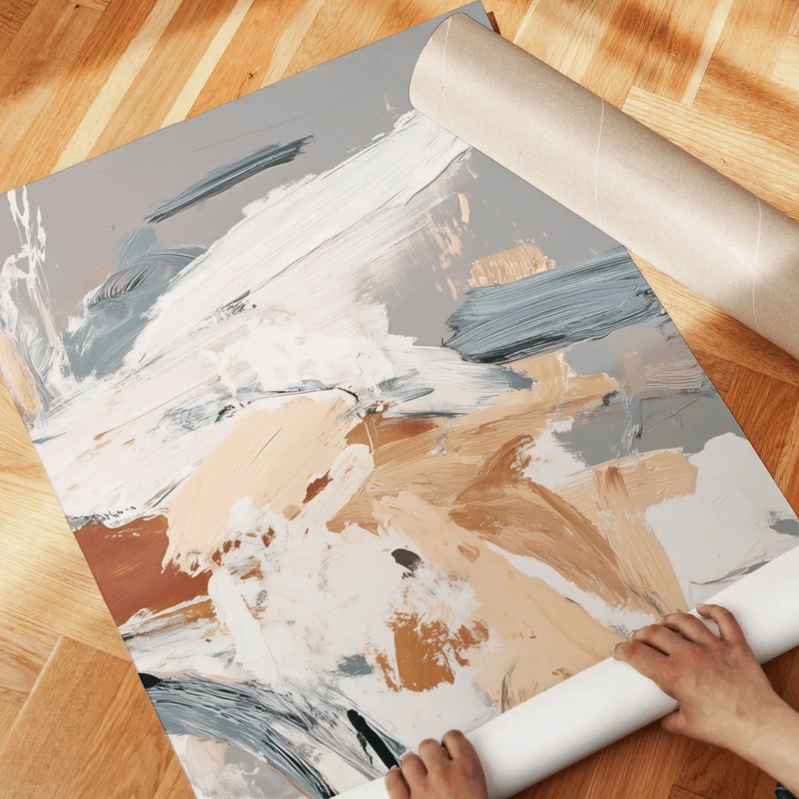 terracotta abstract wall art set of two, unrolled across a herringbone parquet floor by hand