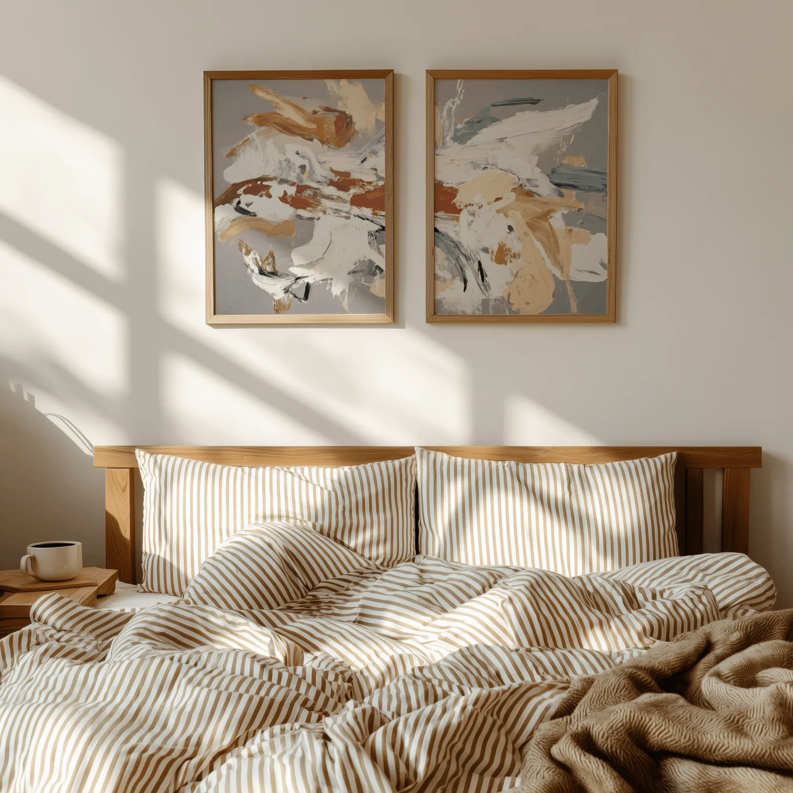 terracotta abstract wall art set of two, above a wooden headboard with striped bedding and raking sunlight