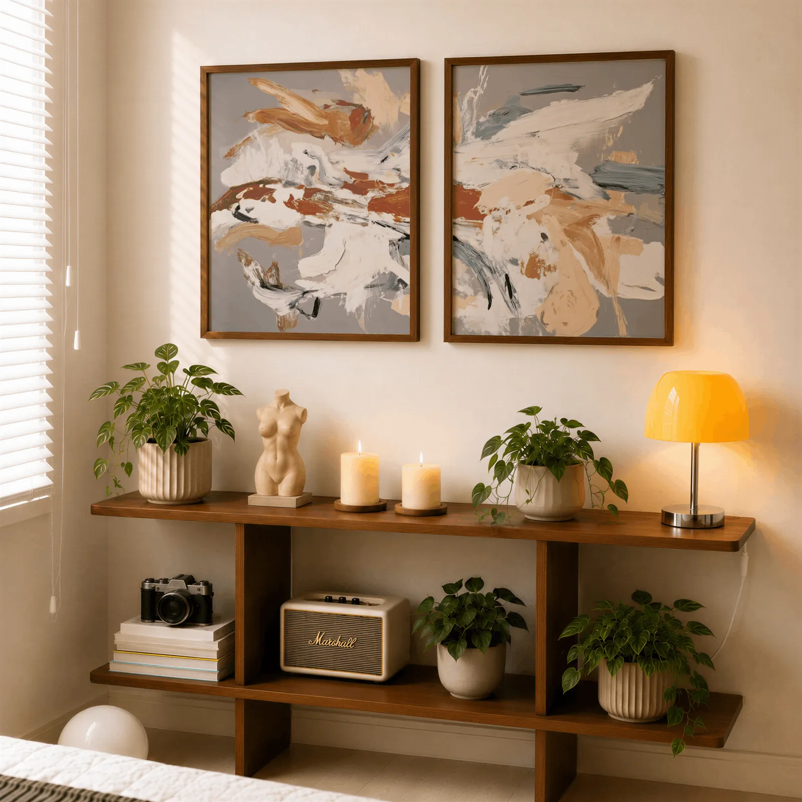 terracotta abstract wall art set of two, above a wooden console shelf with potted plants and a yellow lamp