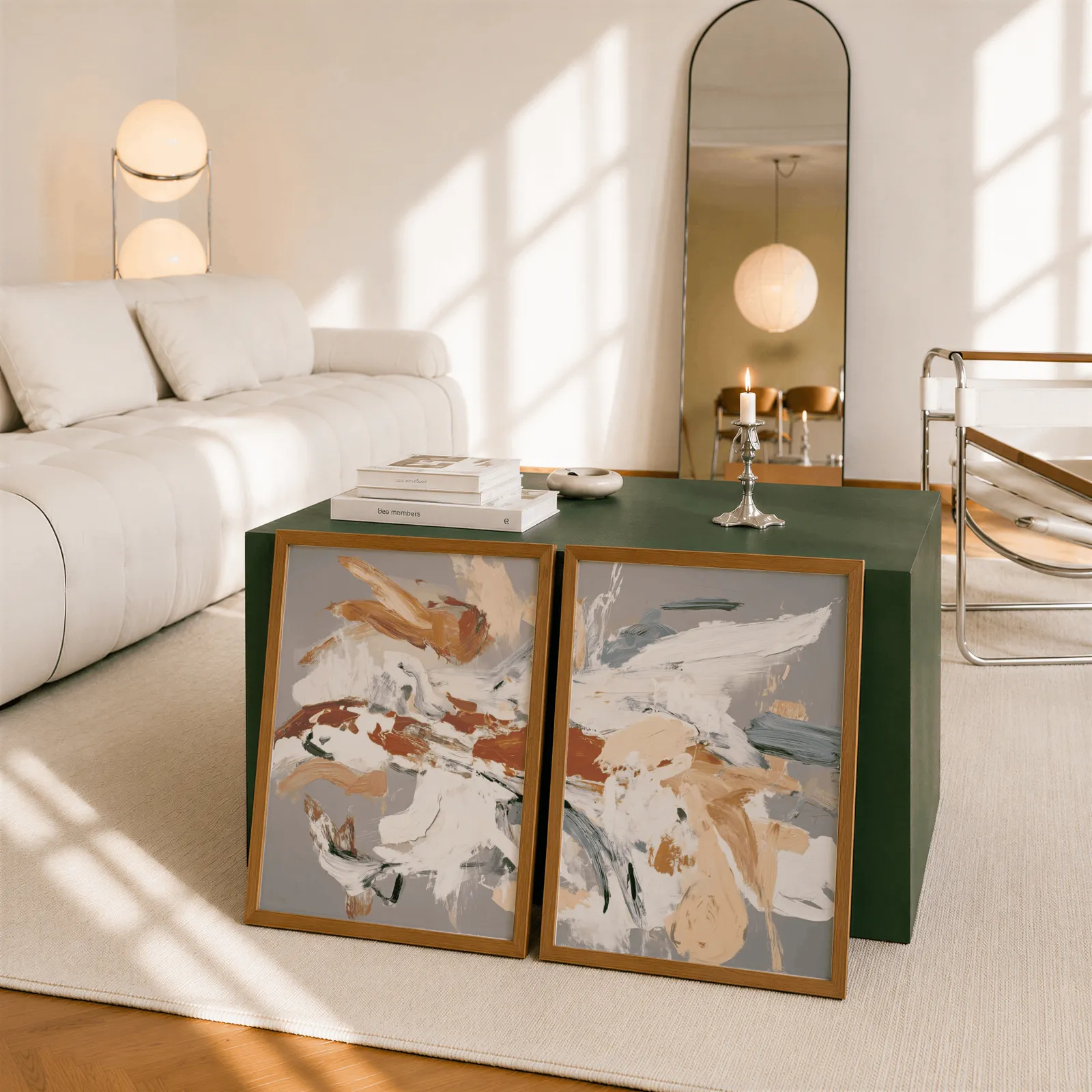 terracotta abstract wall art set of two, leaning against a dark green cube table beside an arched mirror
