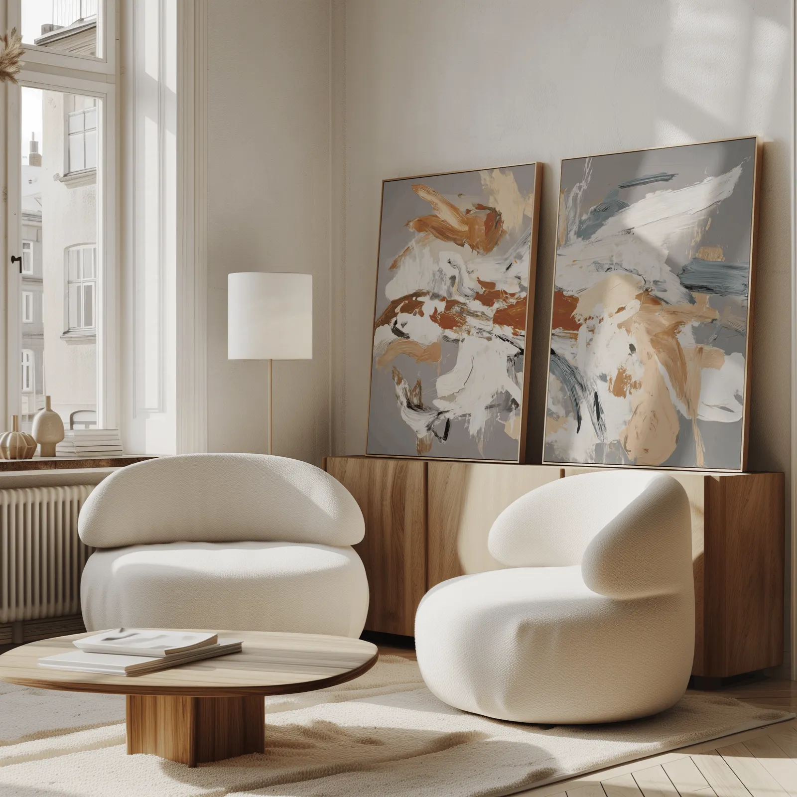 terracotta abstract wall art set of two, propped against a wooden sideboard beside boucle armchairs