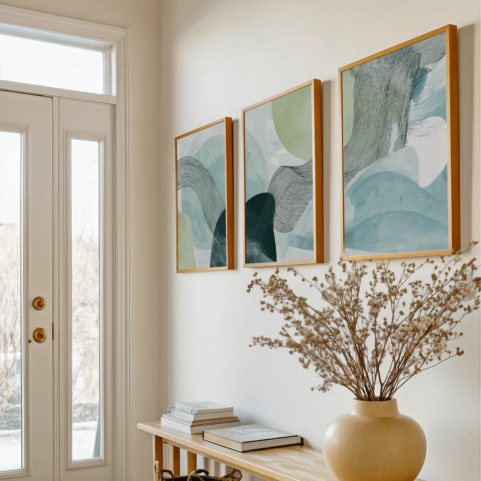 blue green abstract three panel wall art set, above a console table with a yellow vase of dried branches