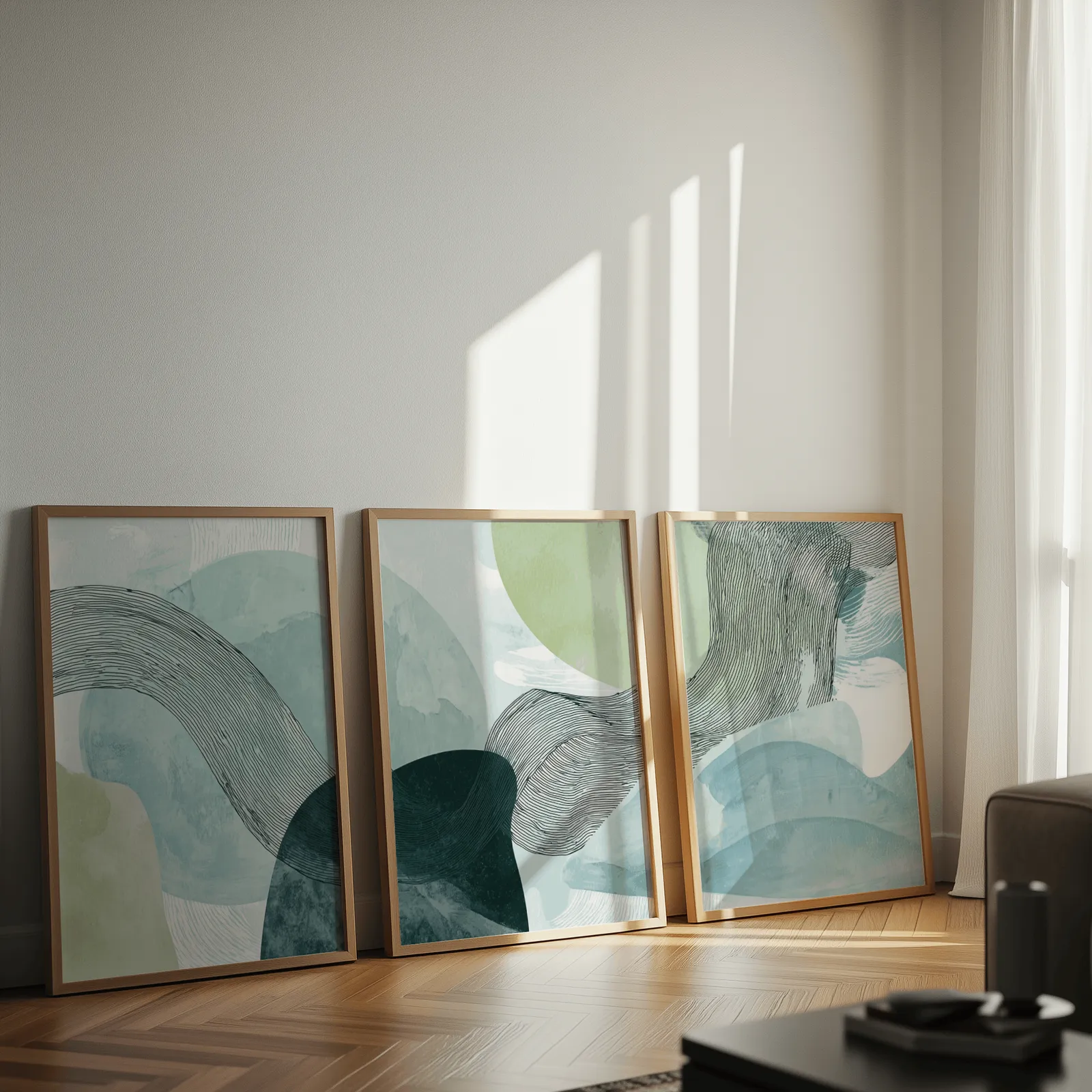 blue green abstract three panel wall art set, leaning against a sunlit wall on herringbone flooring