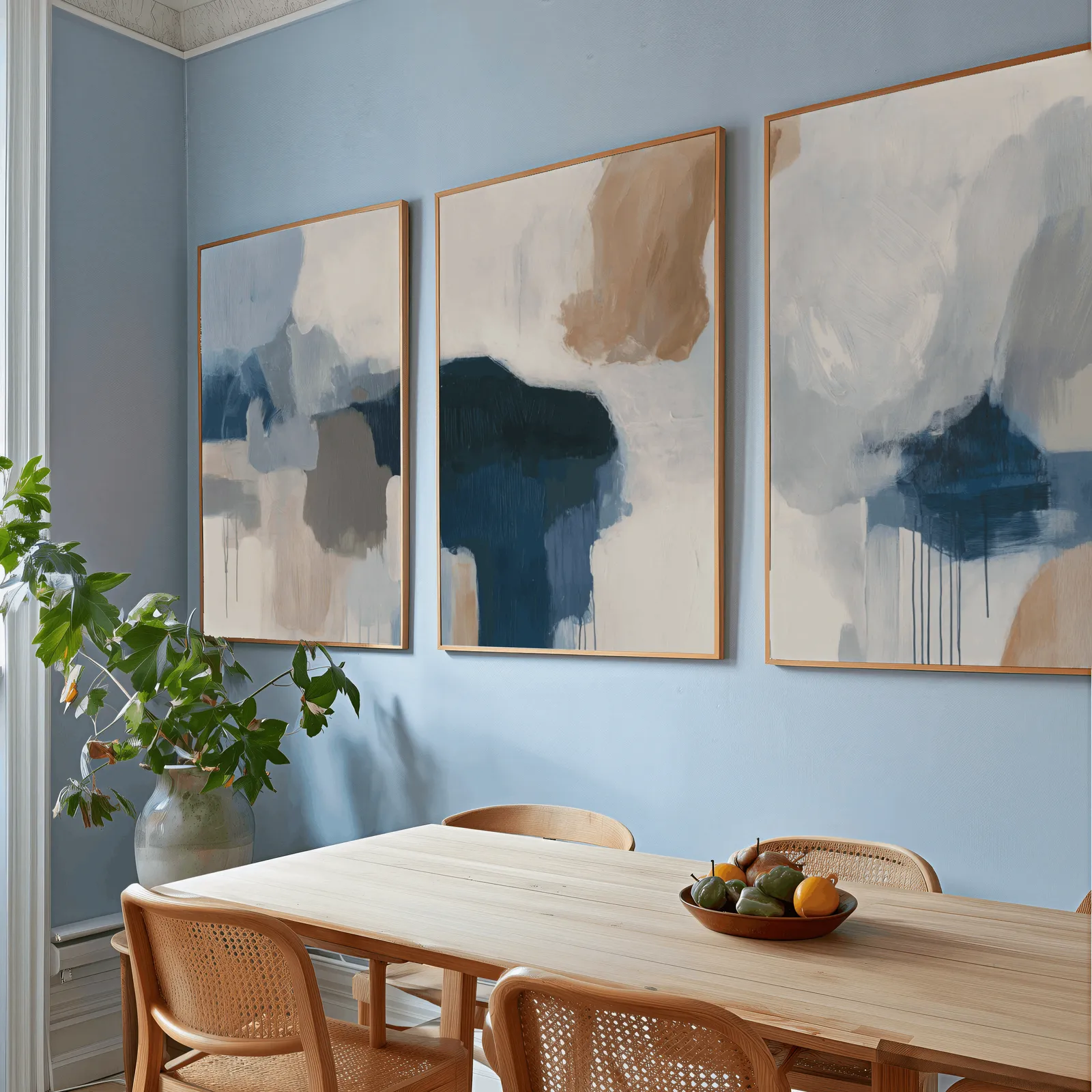 blue beige abstract triptych wall art, above a wooden dining table with cane chairs and a fruit bowl