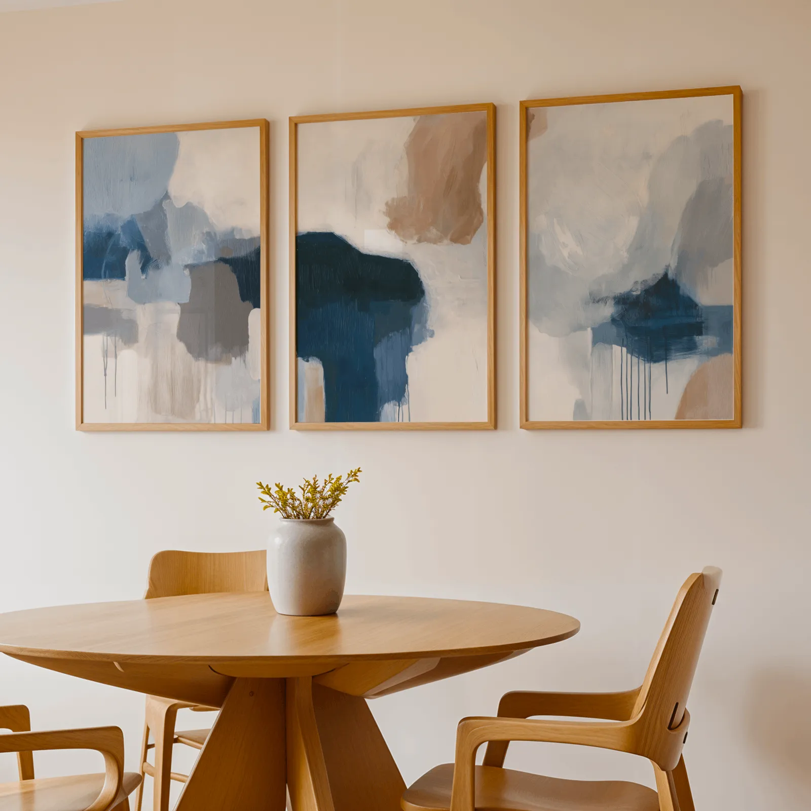 blue beige abstract triptych wall art, above a round wooden table with a stoneware vase