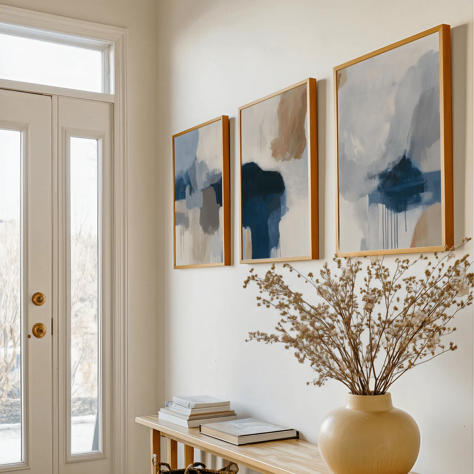 blue beige abstract triptych wall art, above a console table with a yellow vase of dried branches