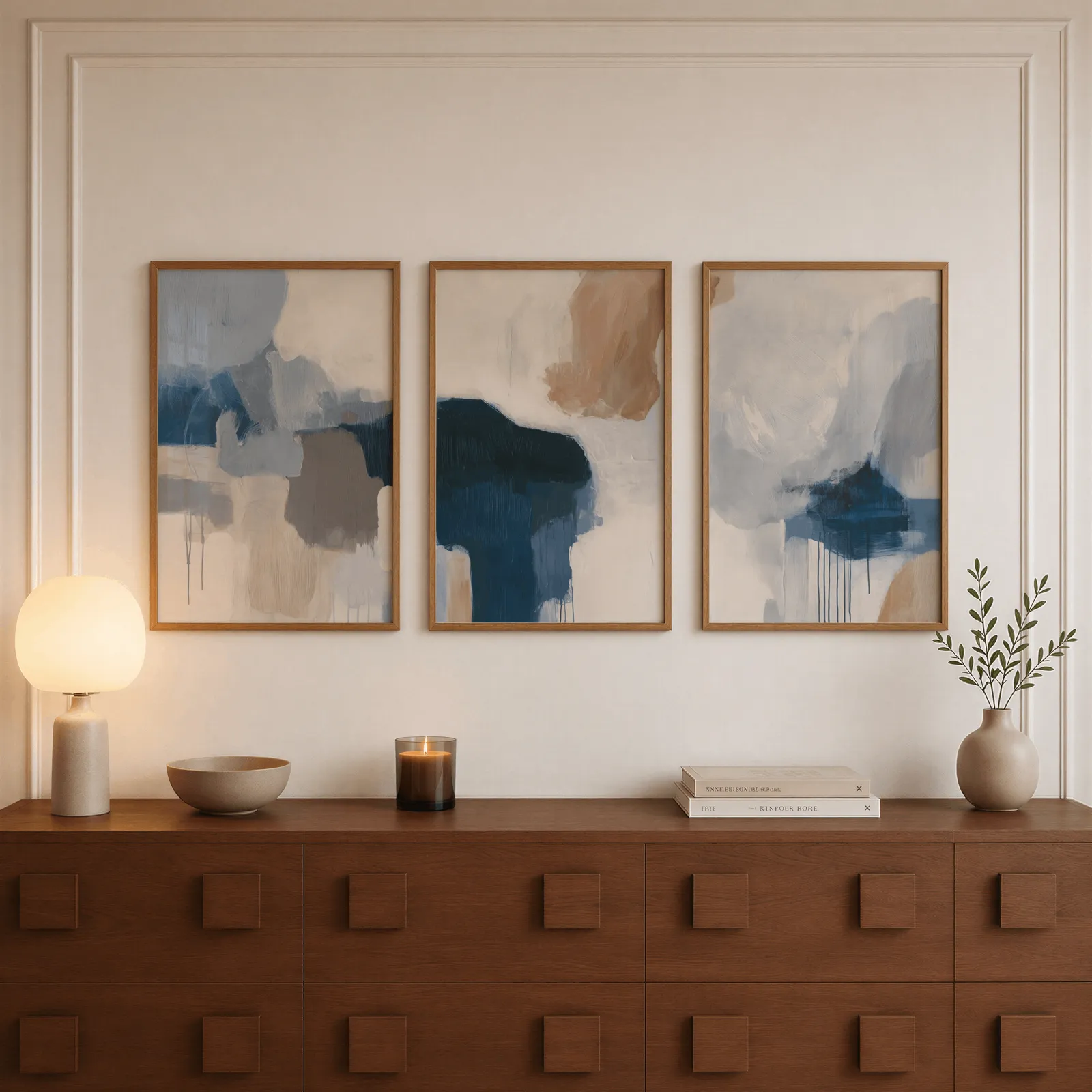 blue beige abstract triptych wall art, above a walnut sideboard with a lit candle and glowing lamp