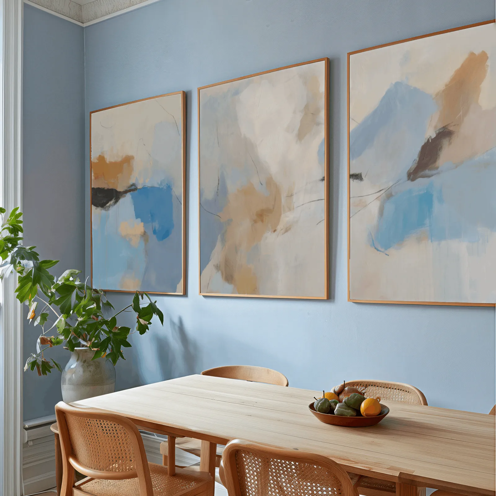 blue and terracotta abstract coastal wall art set of 3, above a wooden dining table with cane chairs and a fruit bowl