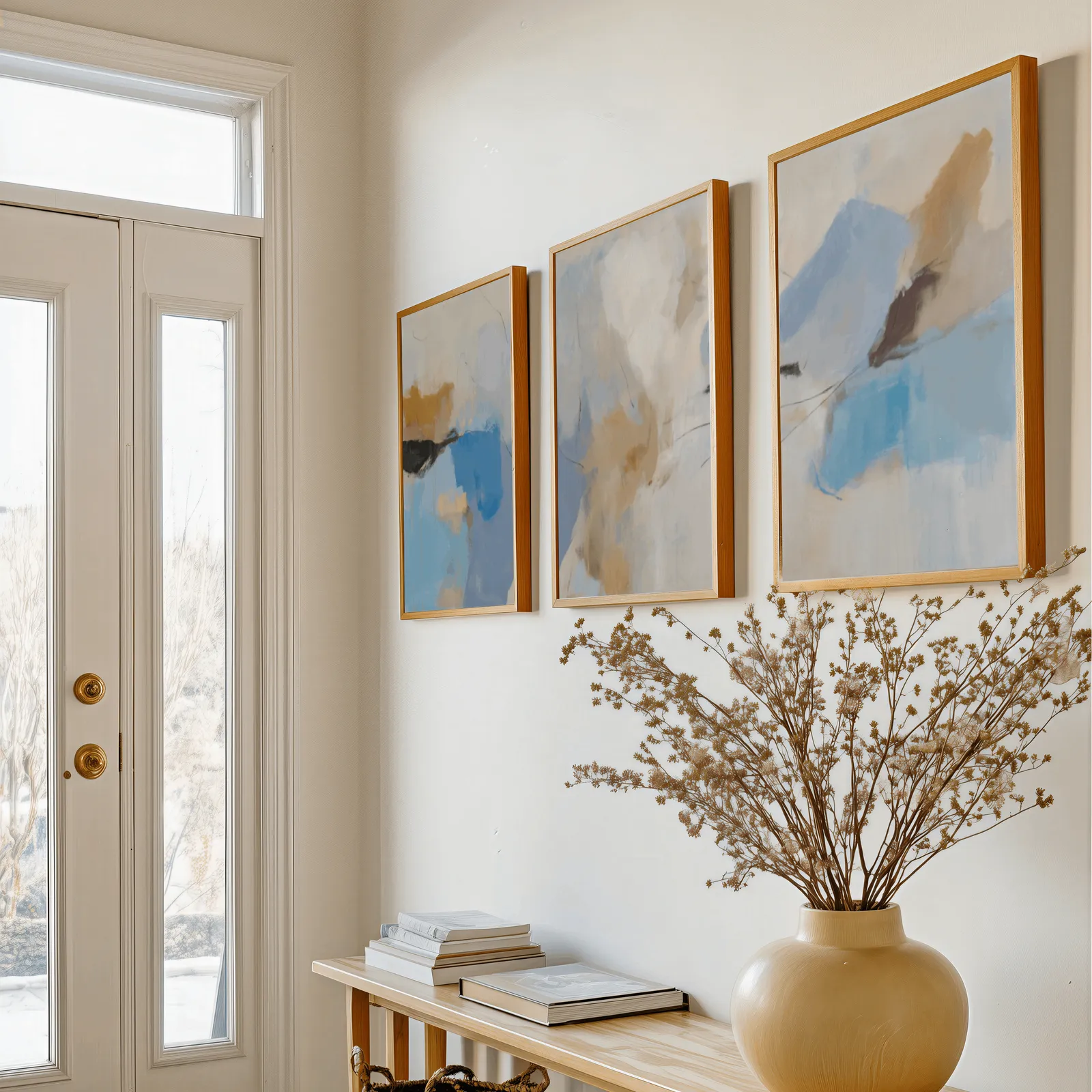 blue and terracotta abstract coastal wall art set of 3, above a console table with a yellow vase of dried branches