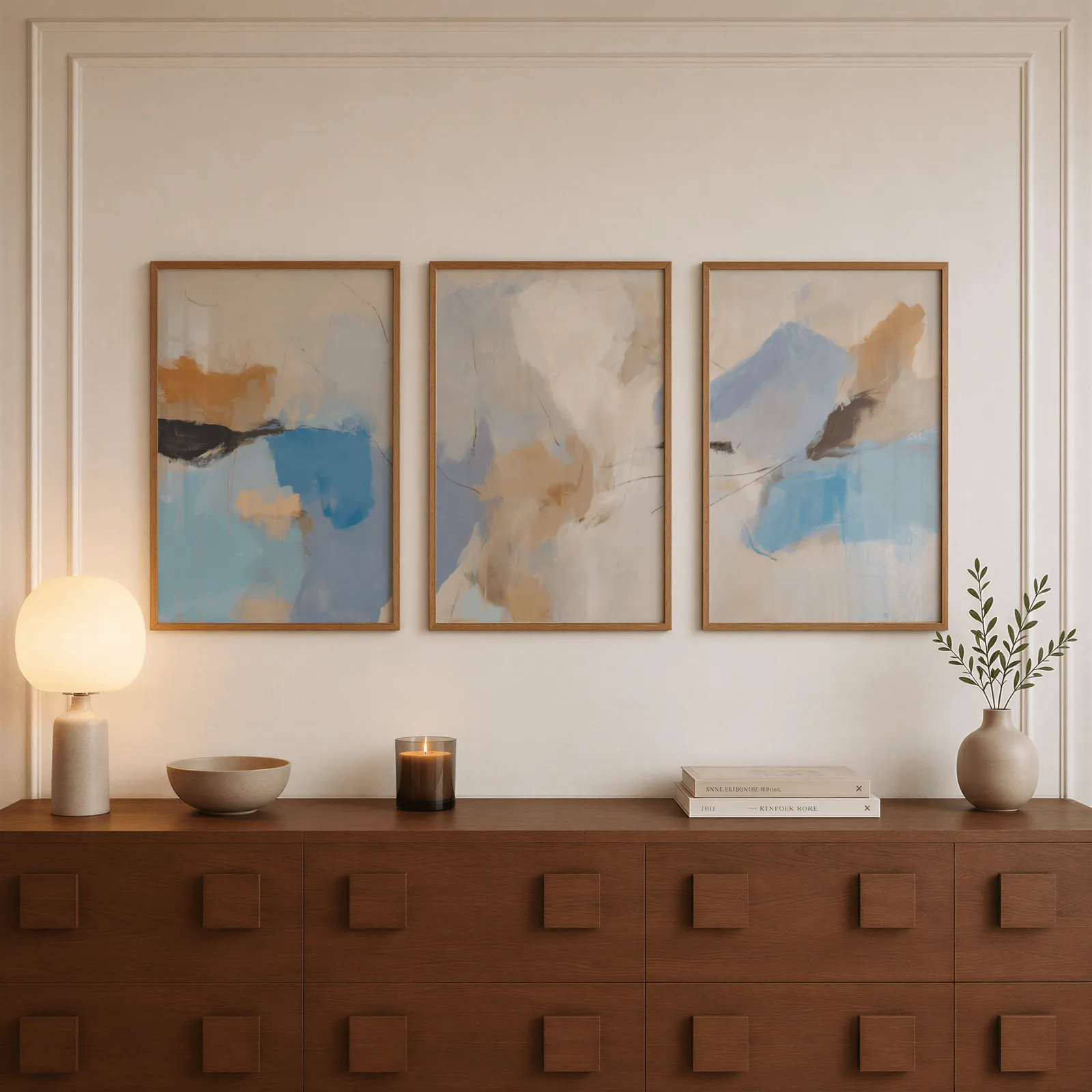 blue and terracotta abstract coastal wall art set of 3, above a walnut sideboard with a lit candle and glowing lamp