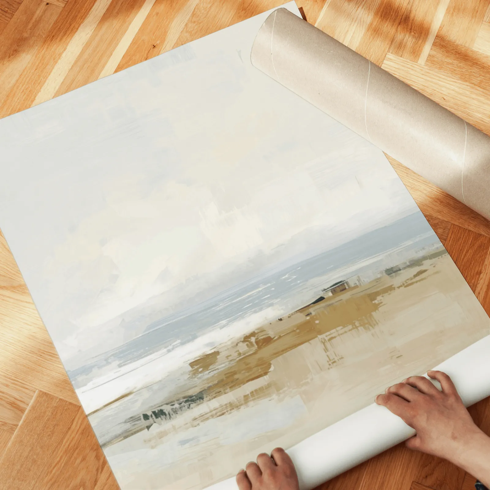 neutral coastal beach wall art set of two, unrolled across a herringbone parquet floor by hand