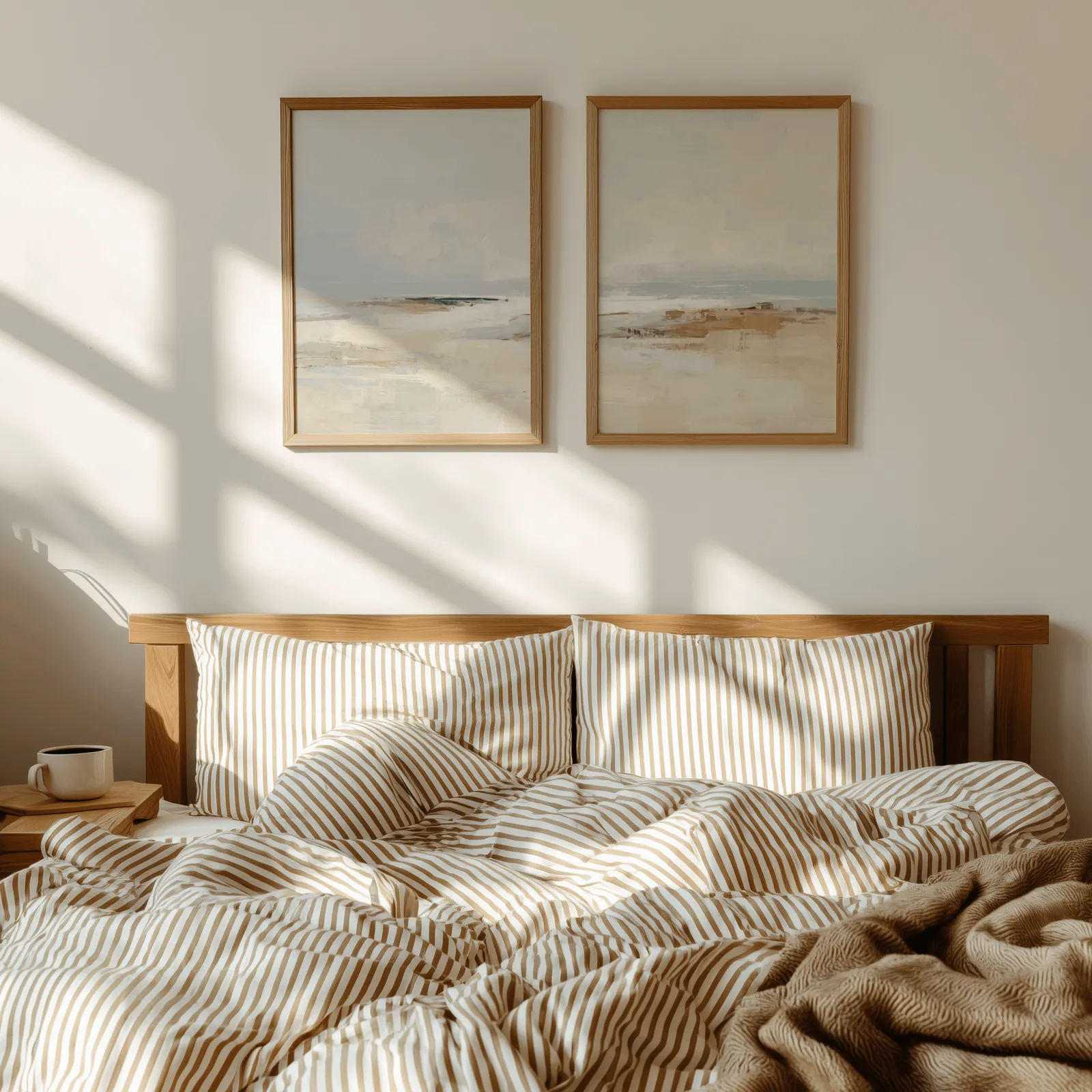 neutral coastal beach wall art set of two, above a wooden headboard with striped bedding and raking sunlight