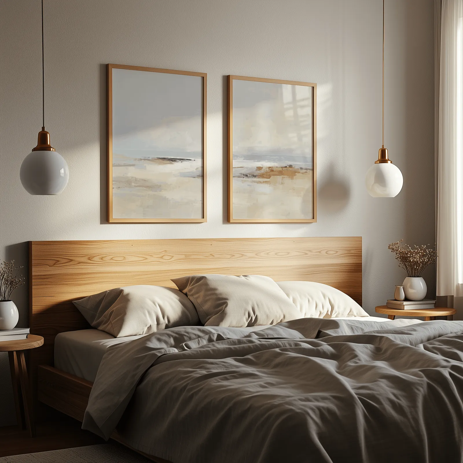 neutral coastal beach wall art set of two, above a wooden headboard flanked by globe pendant lights