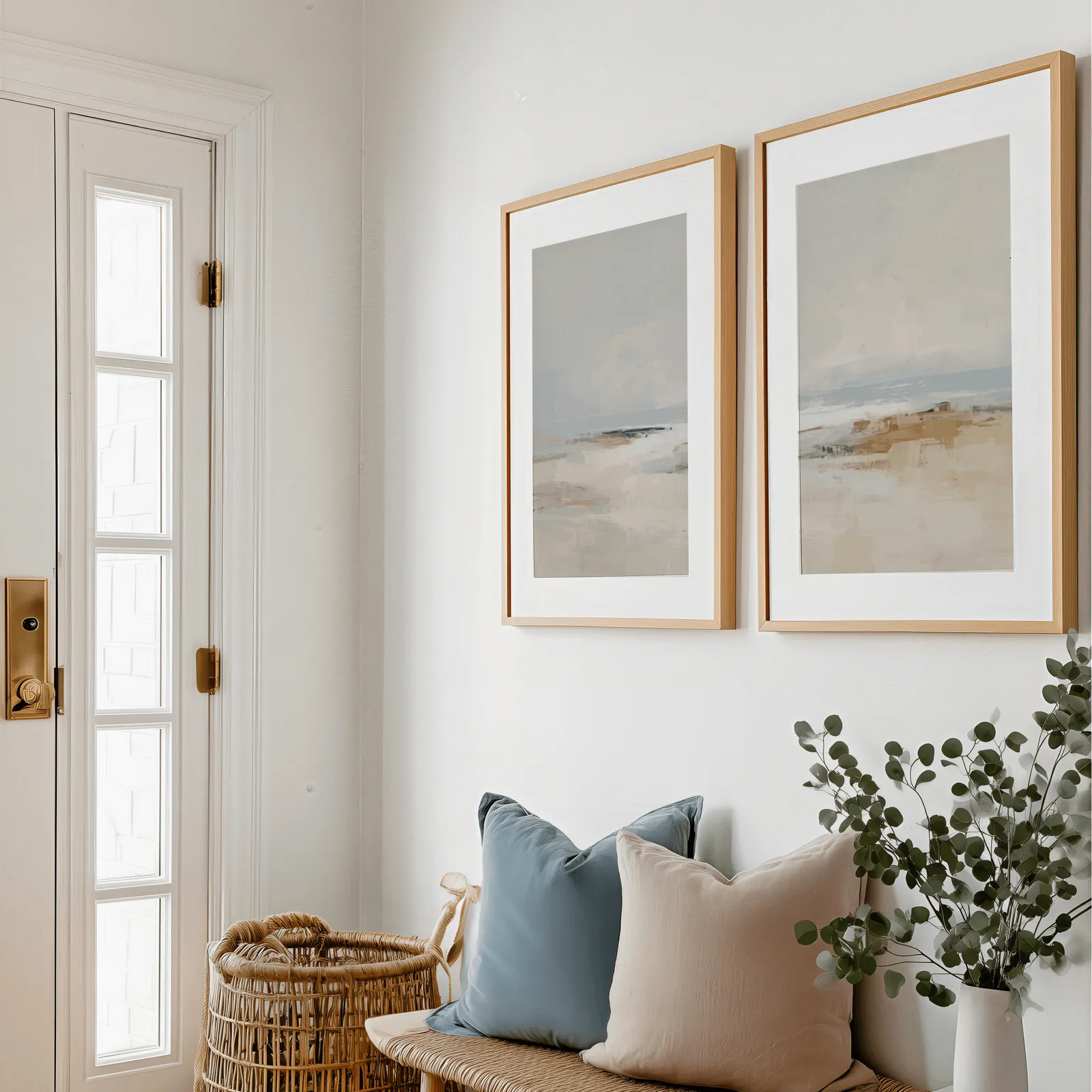 neutral coastal beach wall art set of two, above a bench with blue and blush pillows near the entry door