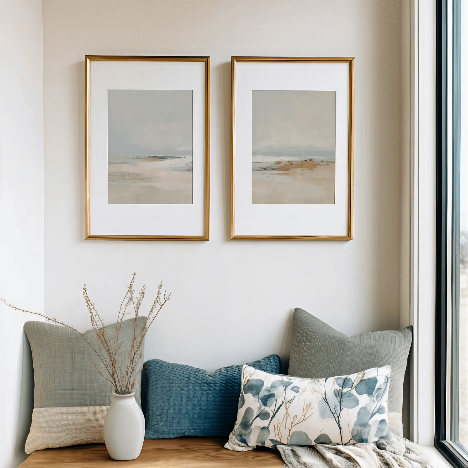 neutral coastal beach wall art set of two, above a cushioned window seat with sage and blue pillows