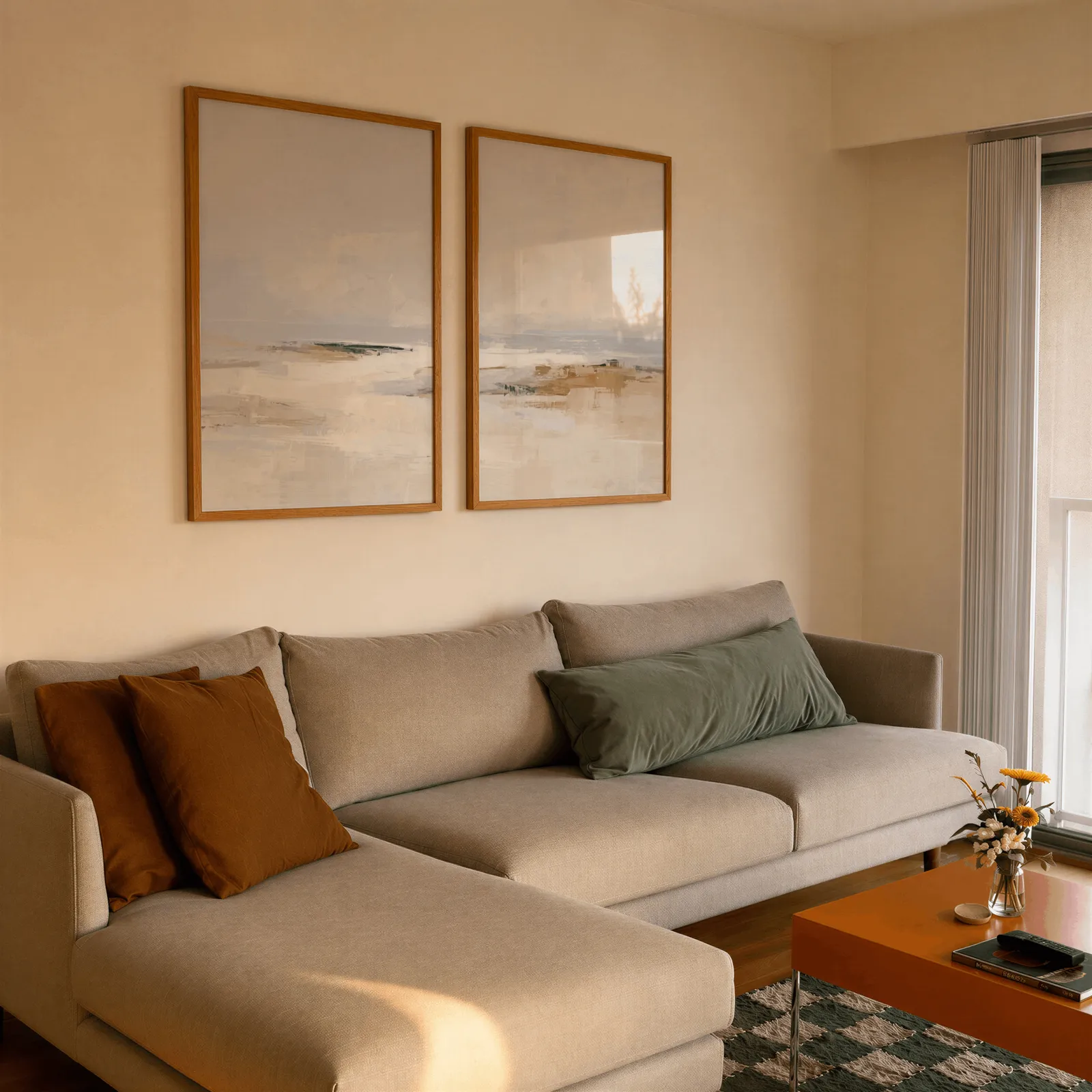 neutral coastal beach wall art set of two, side by side above a beige sectional sofa