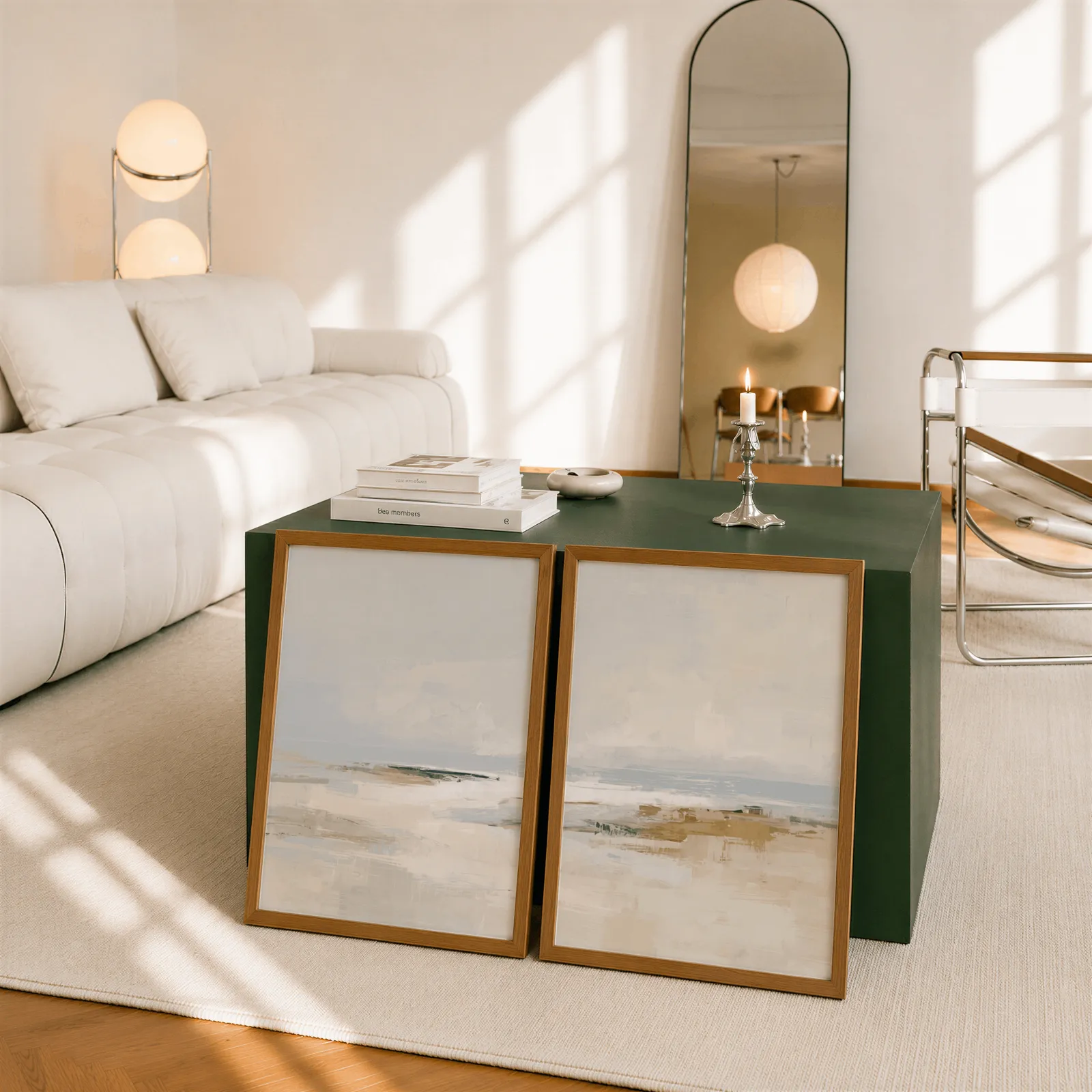 neutral coastal beach wall art set of two, leaning against a dark green cube table beside an arched mirror