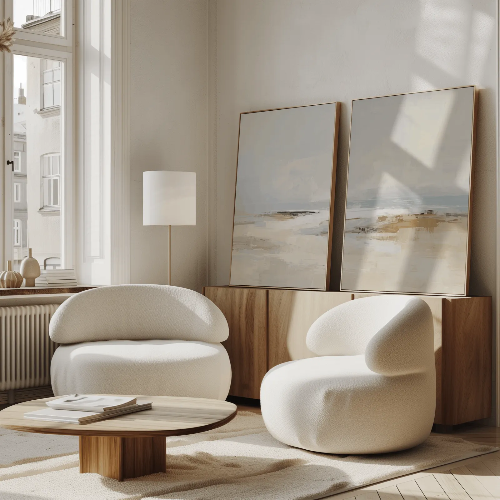 neutral coastal beach wall art set of two, propped against a wooden sideboard beside boucle armchairs