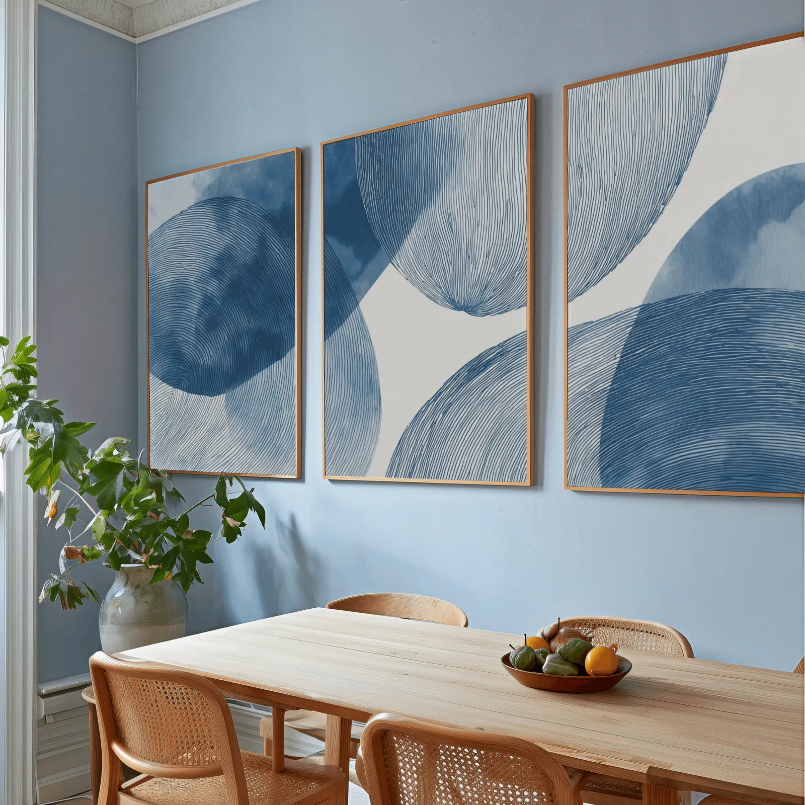 blue abstract circular line triptych wall art, above a wooden dining table with cane chairs and a fruit bowl